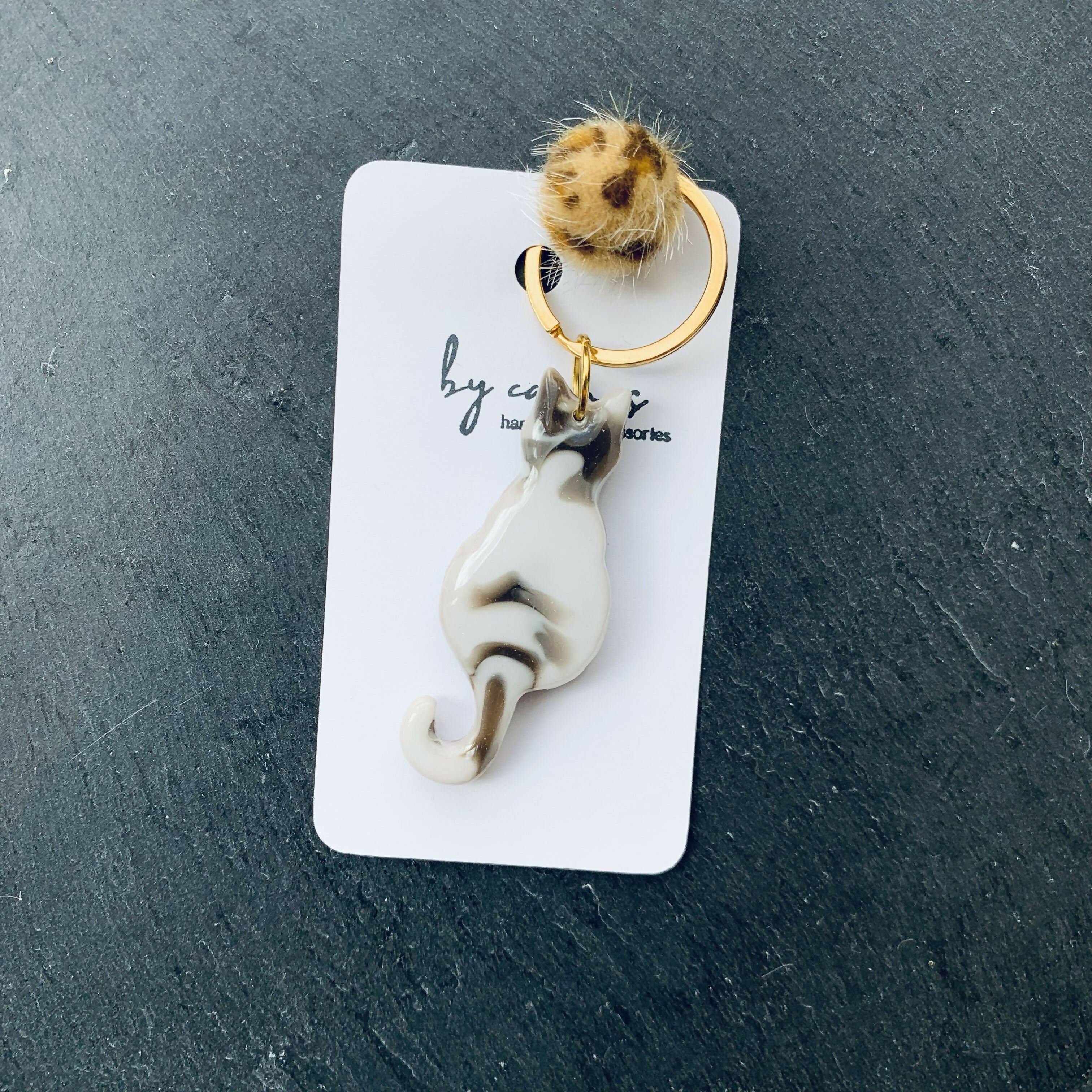 Handcrafted Resin Cat Keyring, Bag Charm with Pom Pom