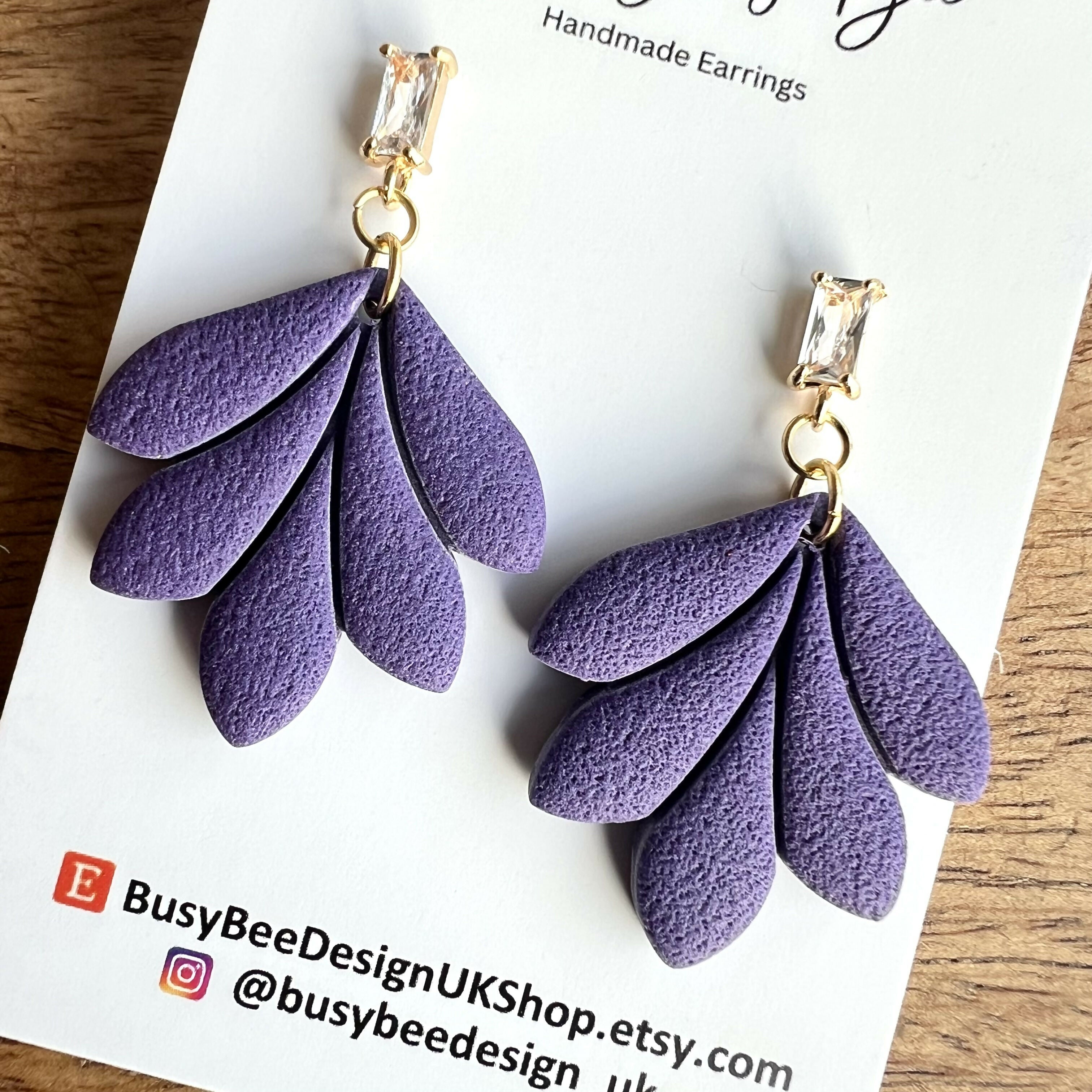 Minimal Leaf Earrings with Clear Glass Cubic Zirconia Studs/ Art Deco Polymer Clay Earrings / Handmade Clay Jewellery