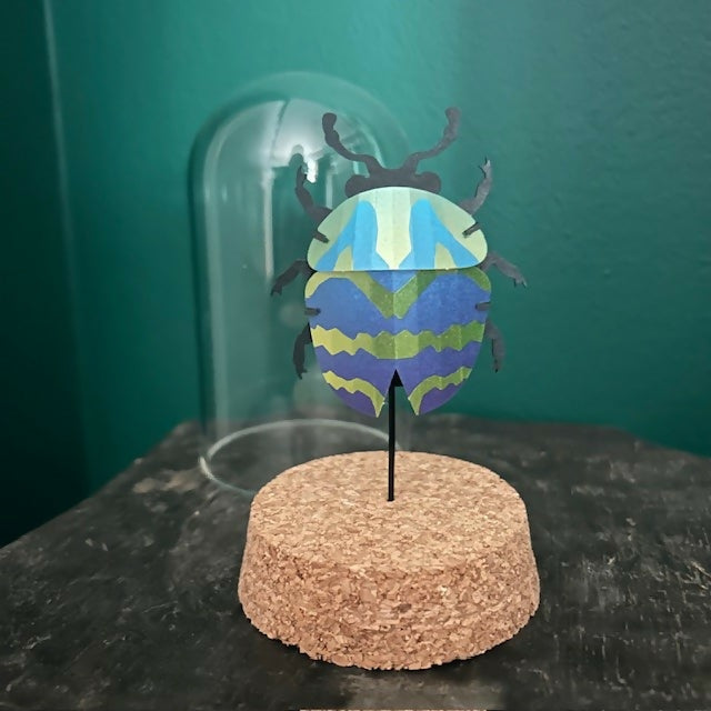 Lovely Glass Dome Featuring A Blue & Green 3D Paper Beetle