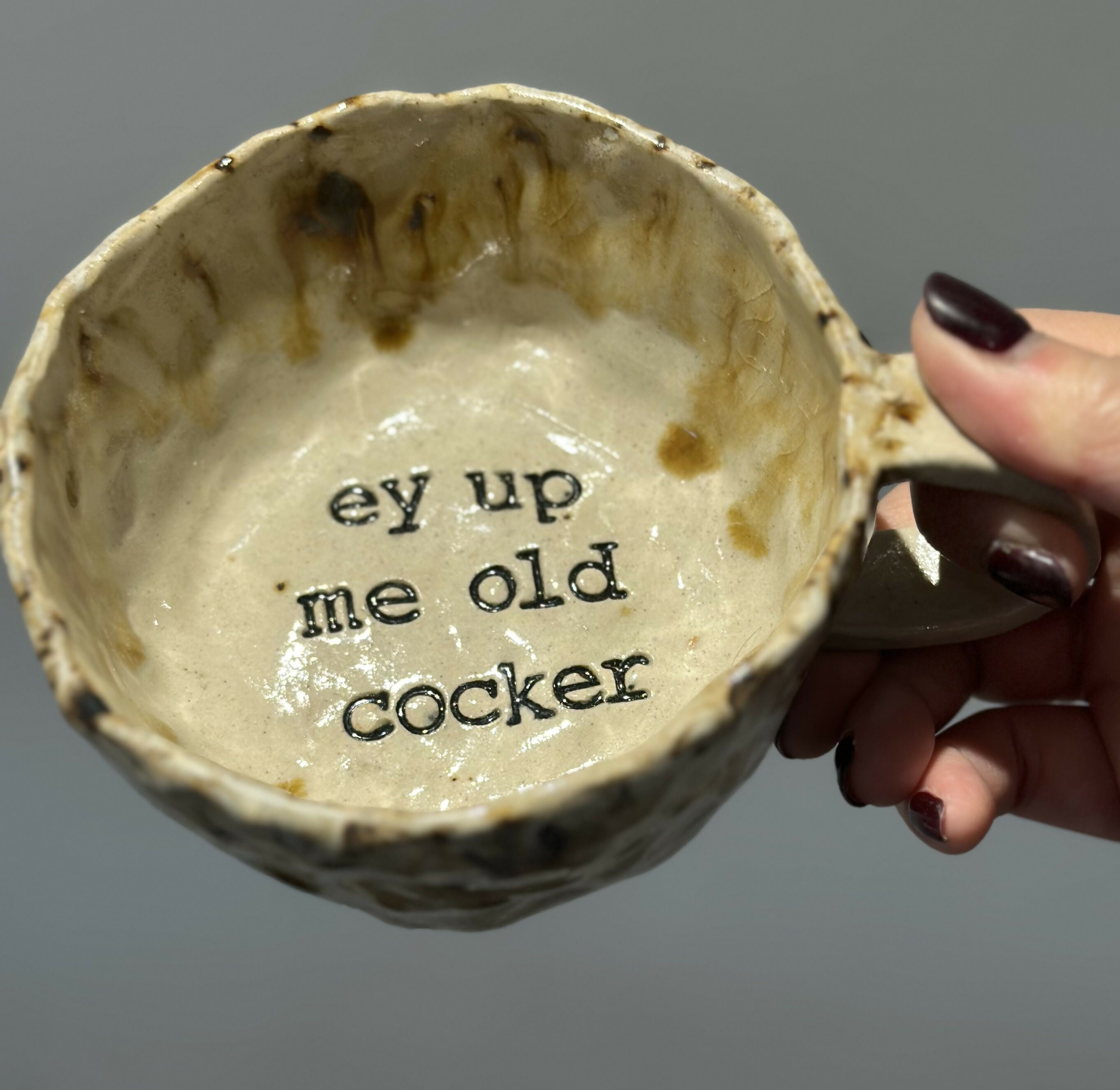 EY UP ME OLD COCKER PINCH POT MUG
