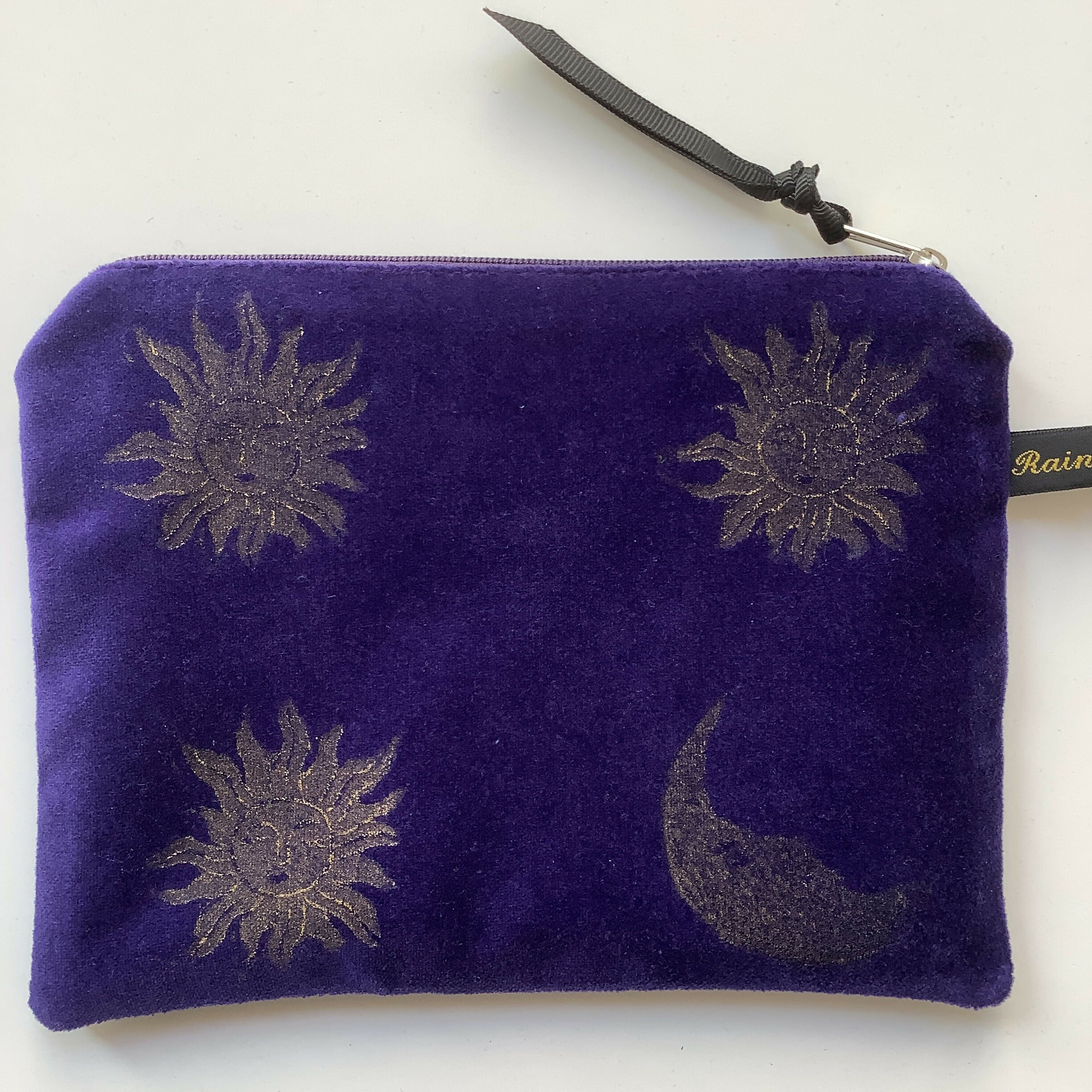 Purple Sun and Moon Velvet Zip-Up Pouch with Wrist Strap