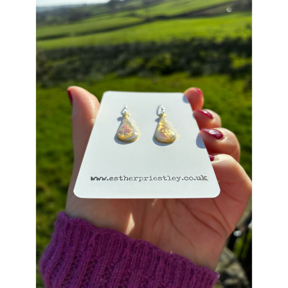 Silver Dangle Earrings: Handmade Marbled Effect Jewellery with Gold Leaf