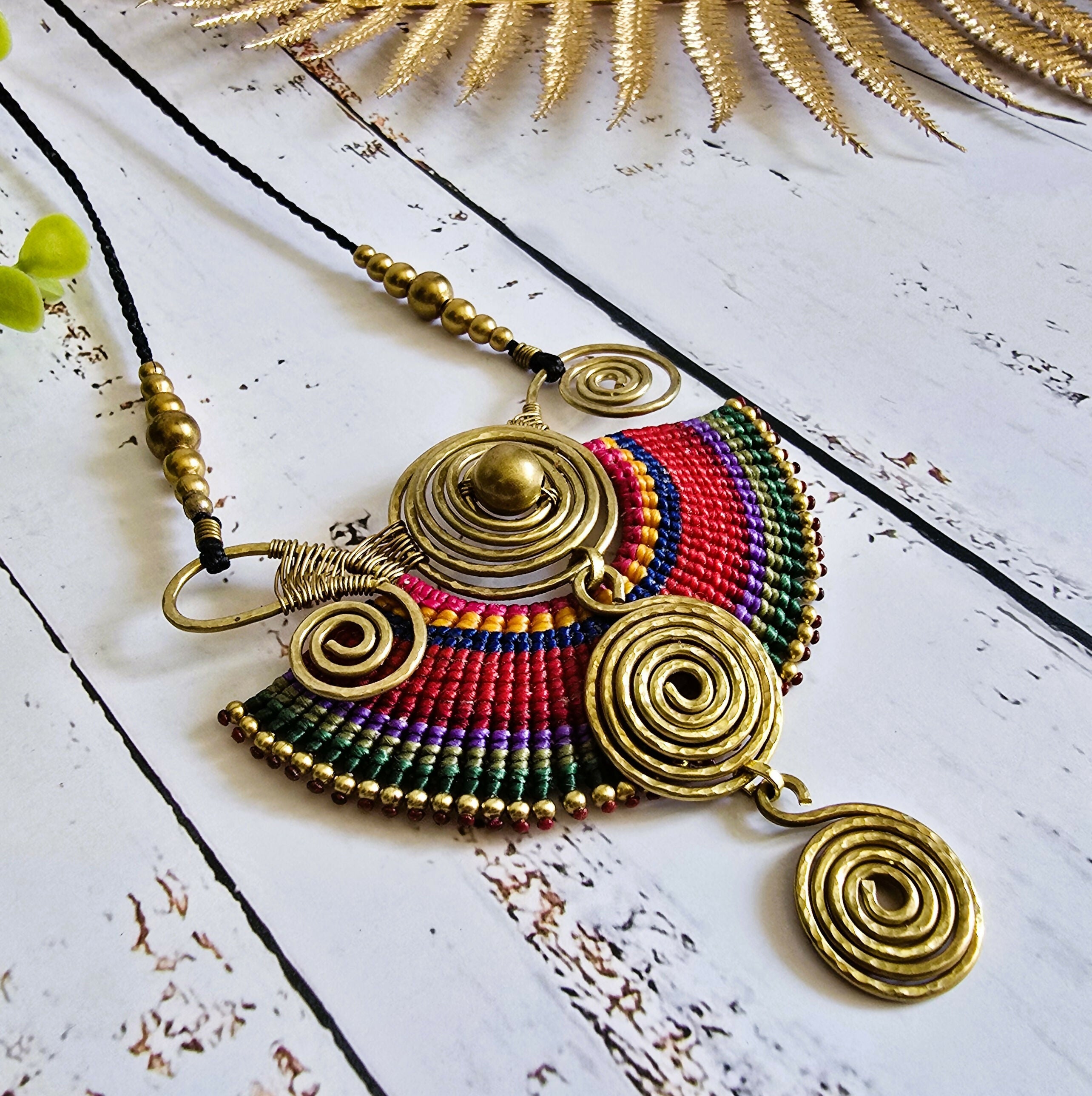 Sahara Necklace; Bold Rainbow Macramé Statement Pendant with Gold Spiral Wire Art