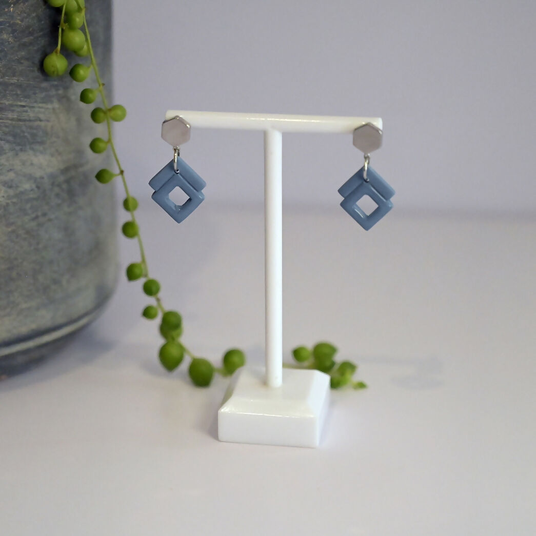 Blue Art Deco Dangle Earrings - Handmade Polymer Clay - Polly Plant