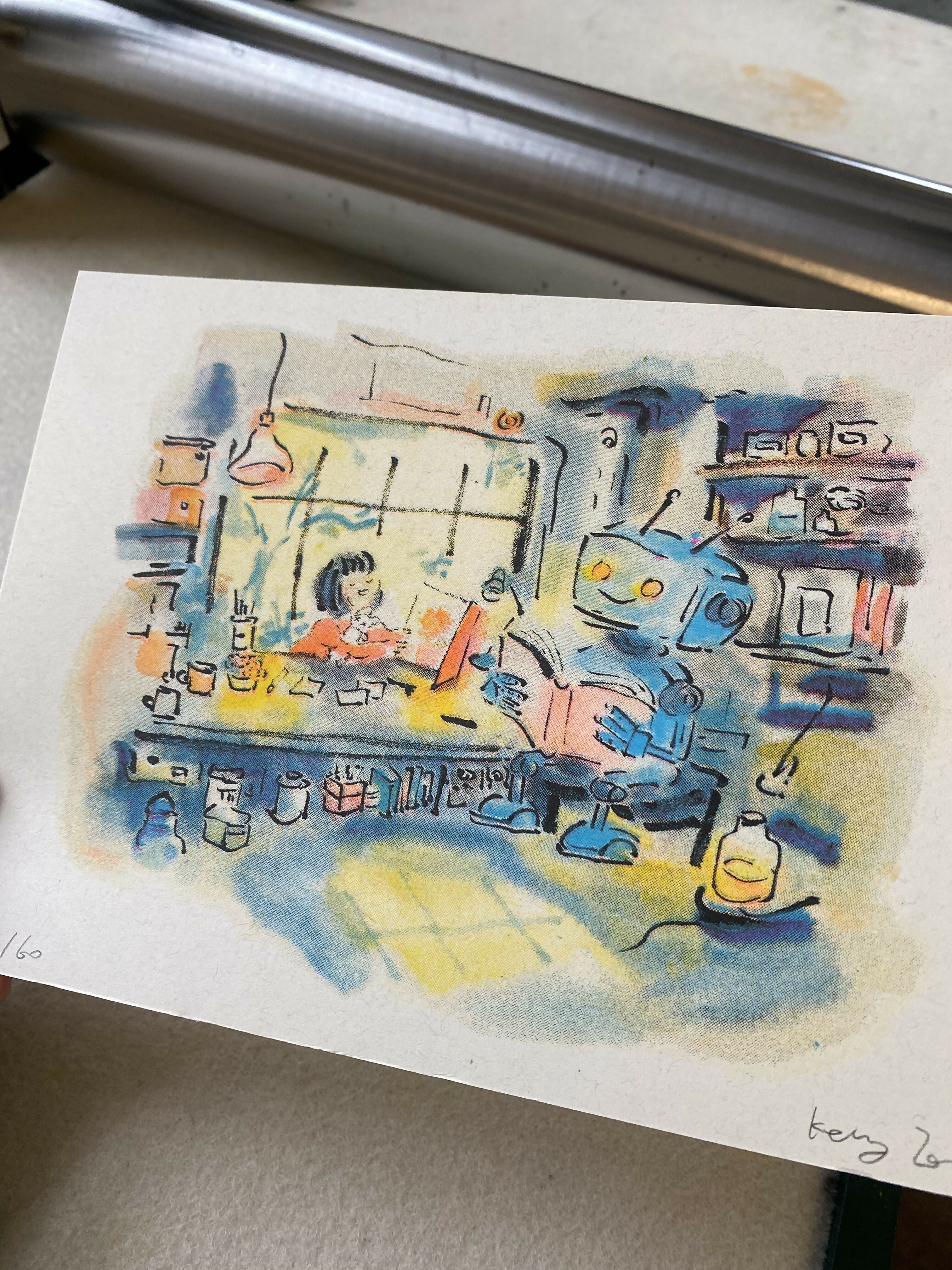 The Girl and the Robot Reading Together Riso Print