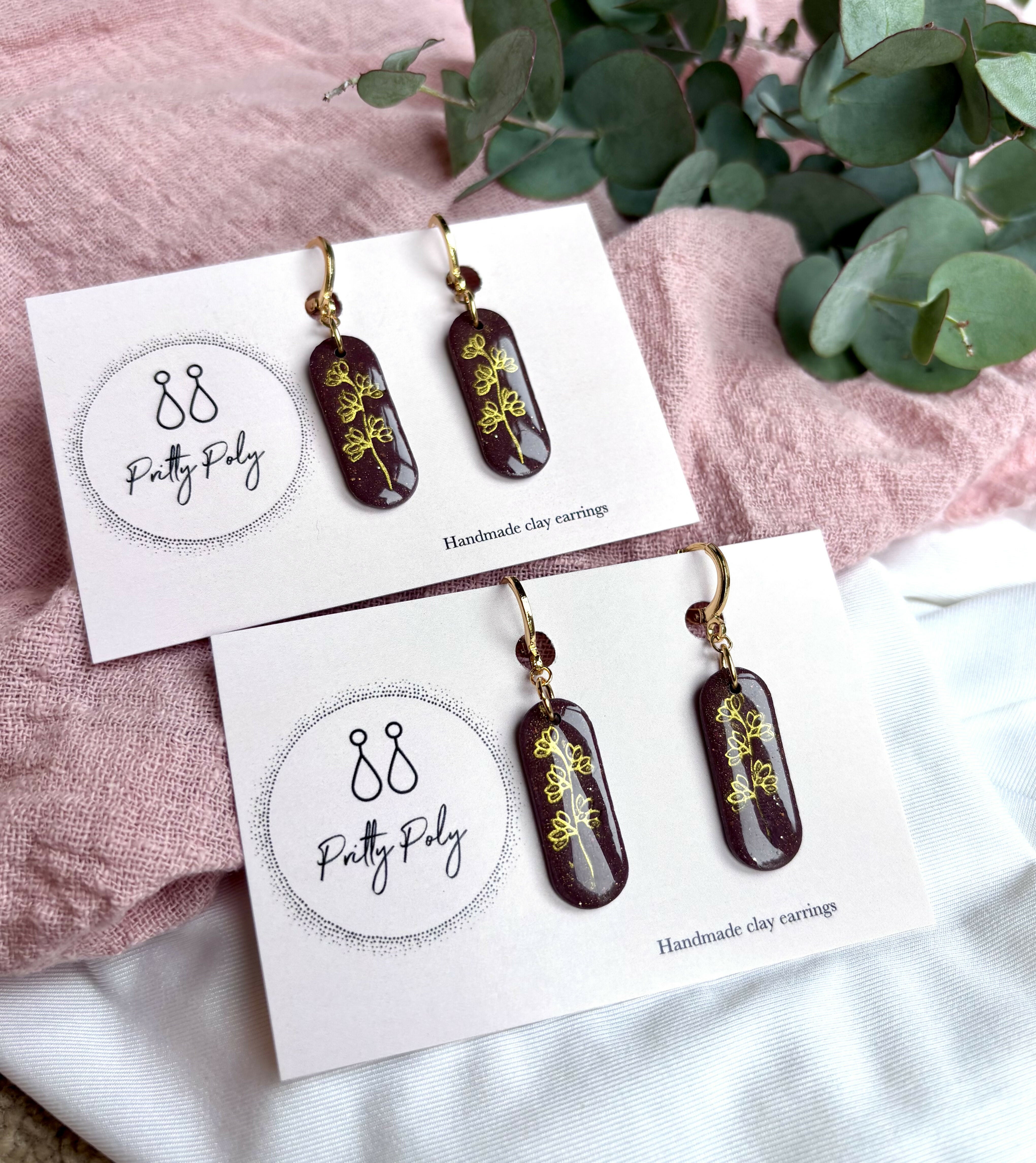 Burgundy Flower Huggie Hoops Polymer Clay Earrings