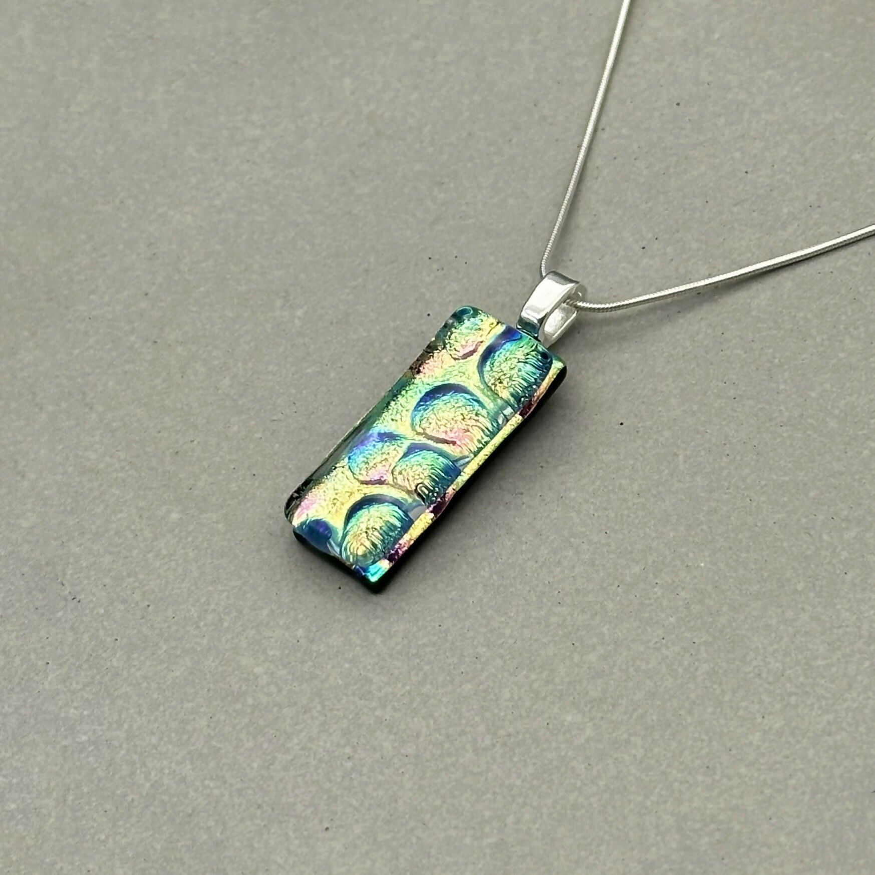 Yellow & Pink Bubble Dichroic Fused Glass Pendant with Silver Plated Chain - Handmade by Jade Tapson Glass.