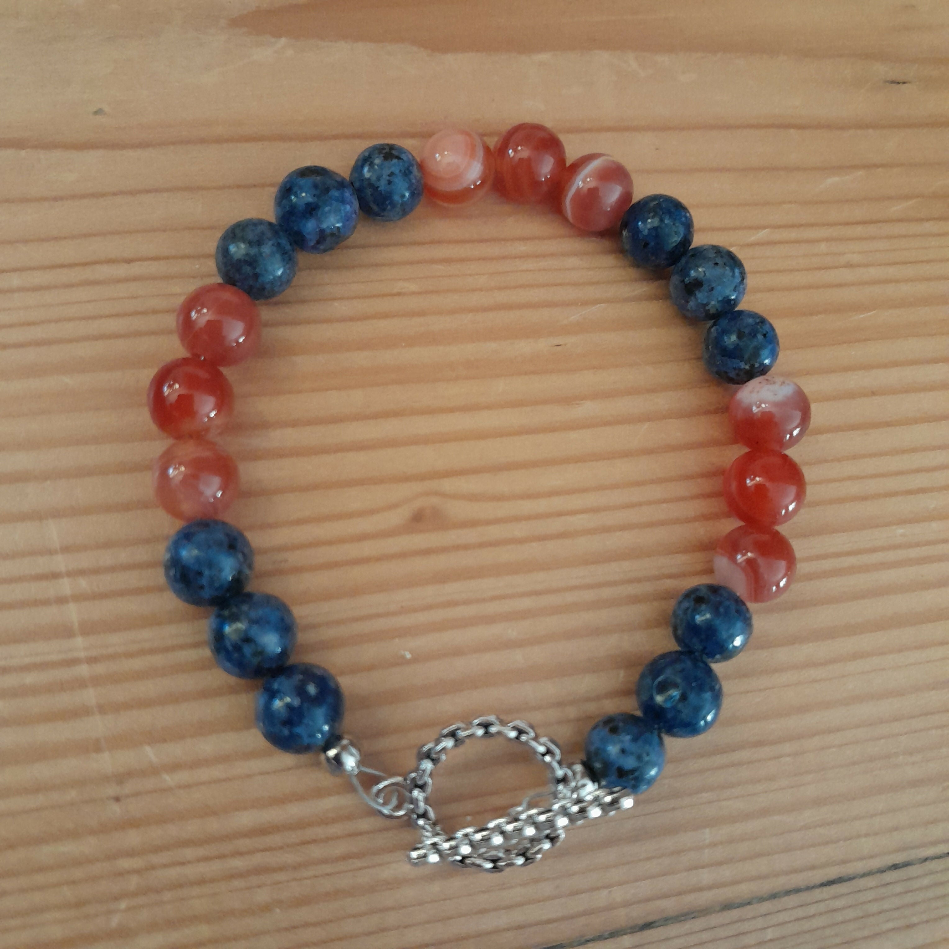 Tibetan Silver Toggle Catch Bracelet with Blue Spotted Jasper and Orange Banded Agate.