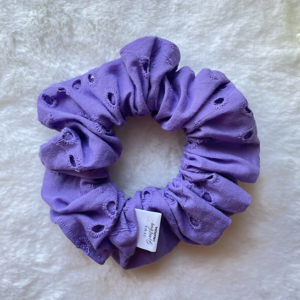 Handmade Scrunchies Violet Embroidered Cotton