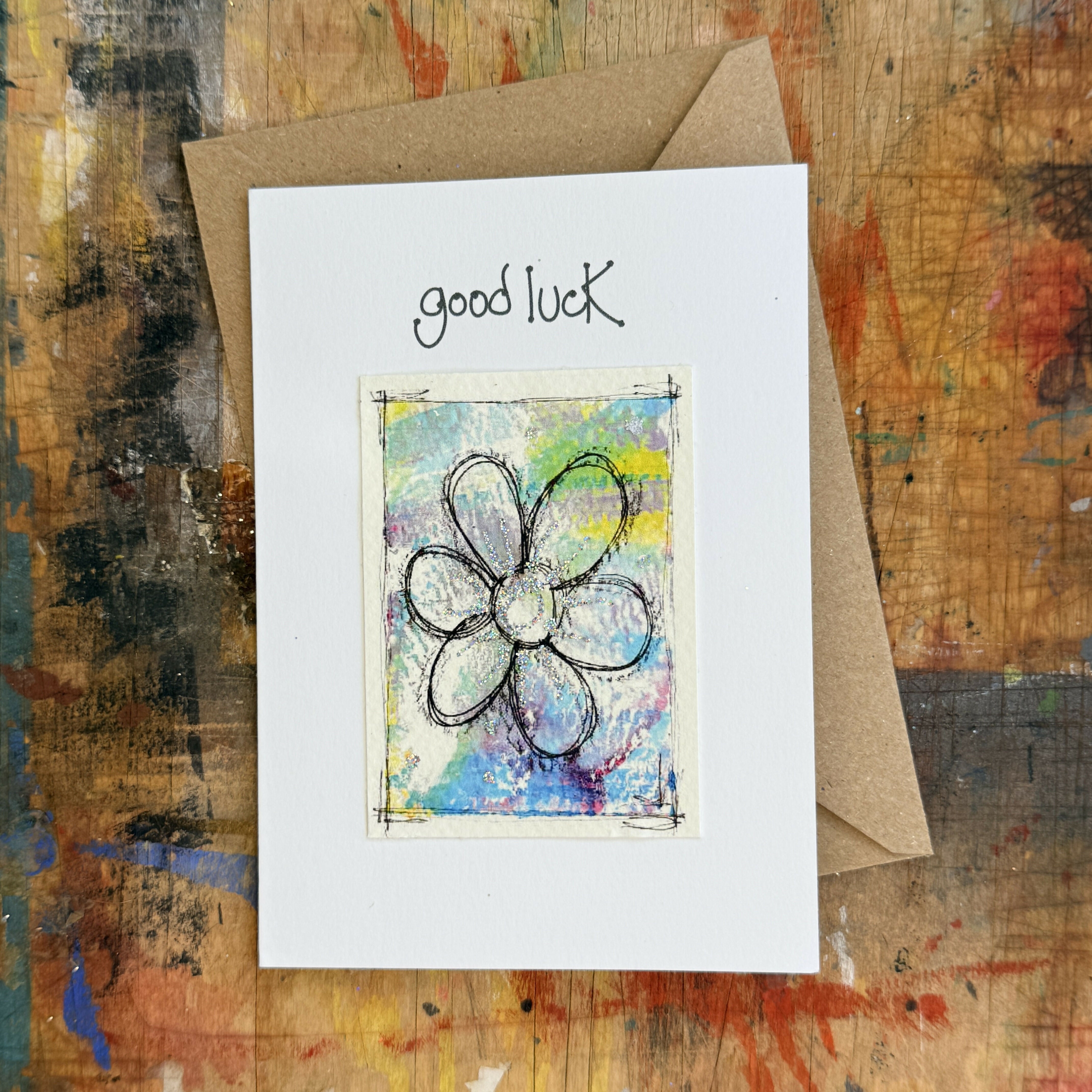 Abstract Sparkle Flower Good Luck Card in Blue