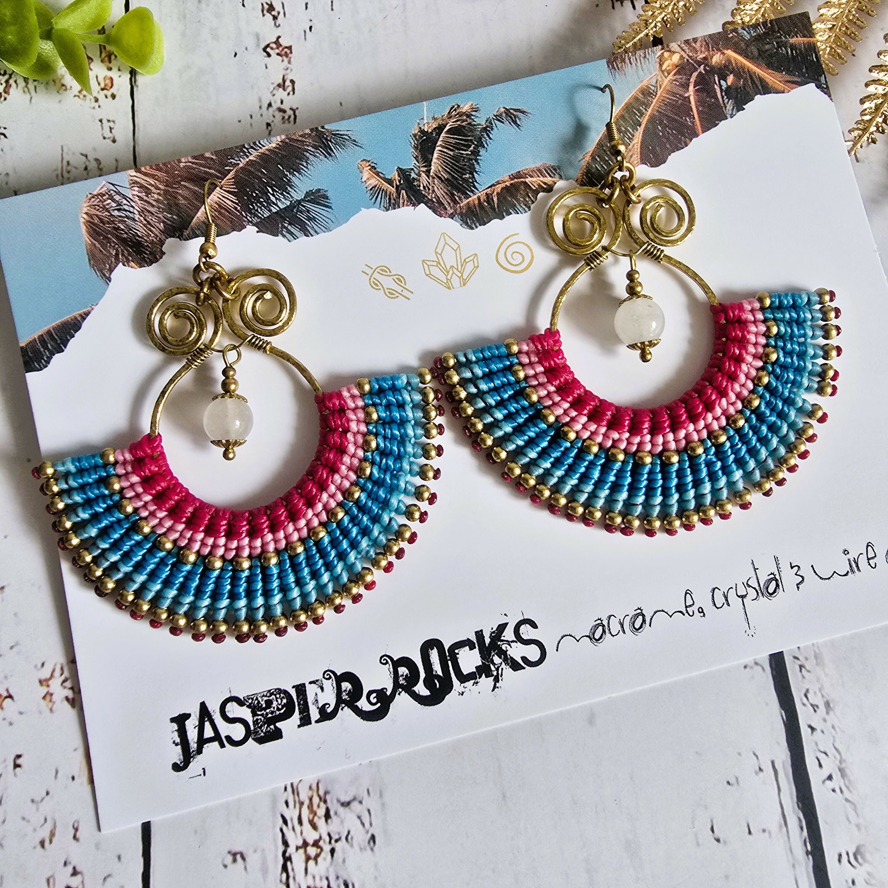 Pink Rose Quartz Statement Earrings; Handmade Bohemian Macramé Earrings With Gold Spiral Wirework