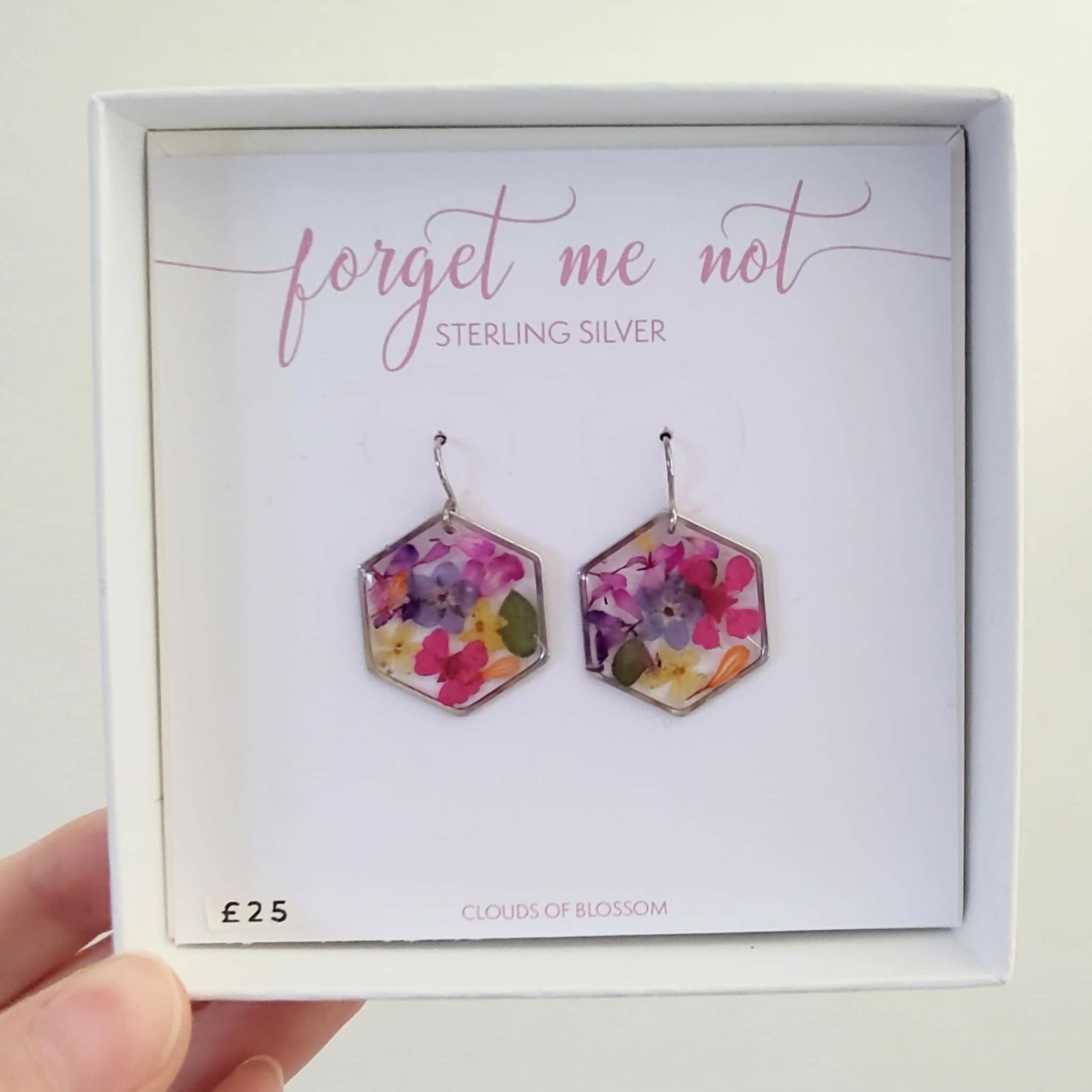 Pressed Flower Hexagon Earrings Sterling Silver