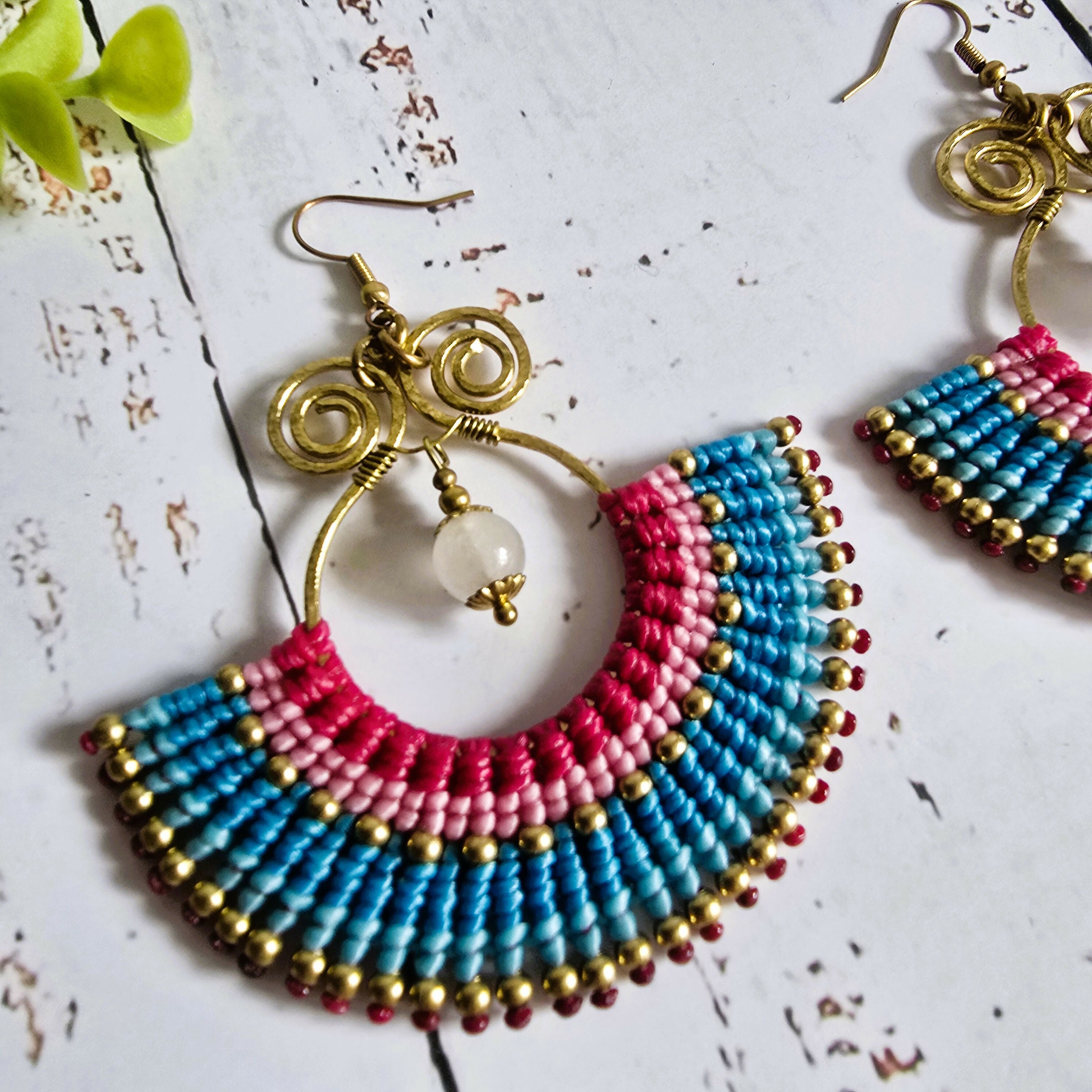 Pink Rose Quartz Statement Earrings; Handmade Bohemian Macramé Earrings With Gold Spiral Wirework