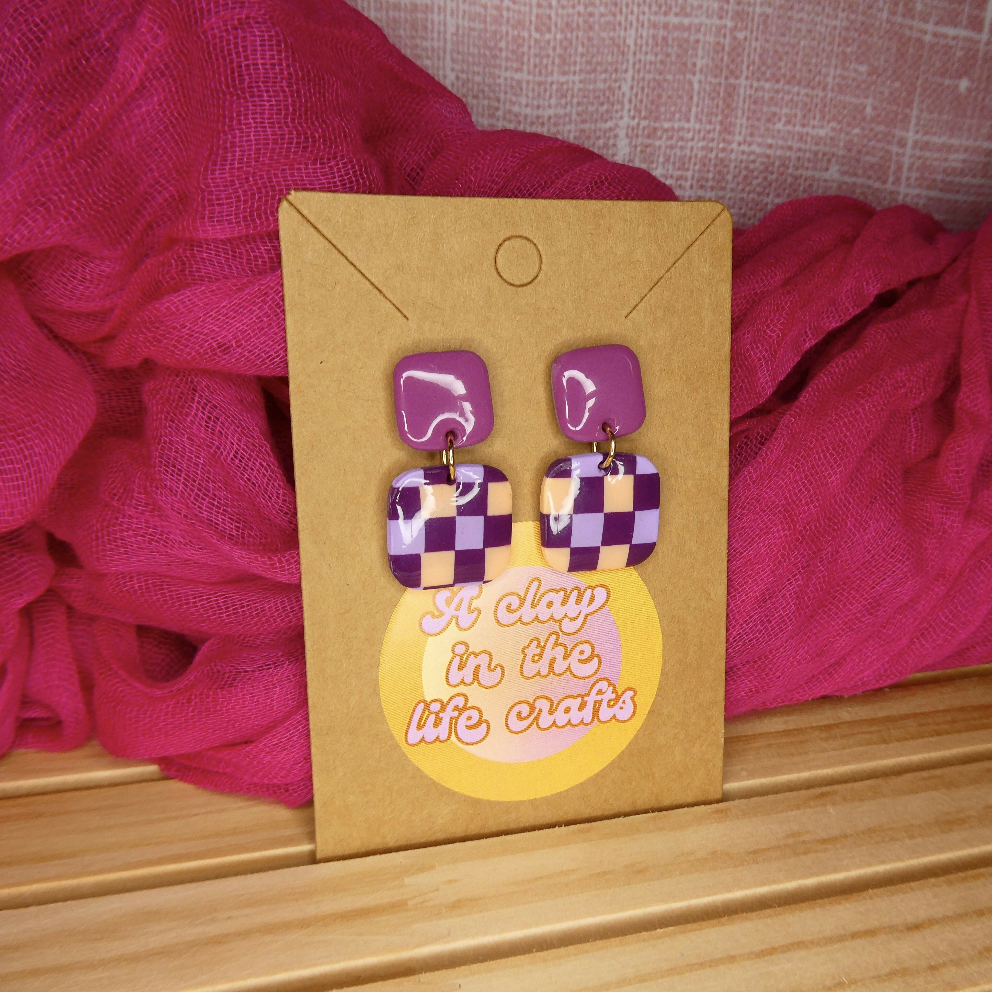 Pink And Purple Check Square Polymer Clay Earrings