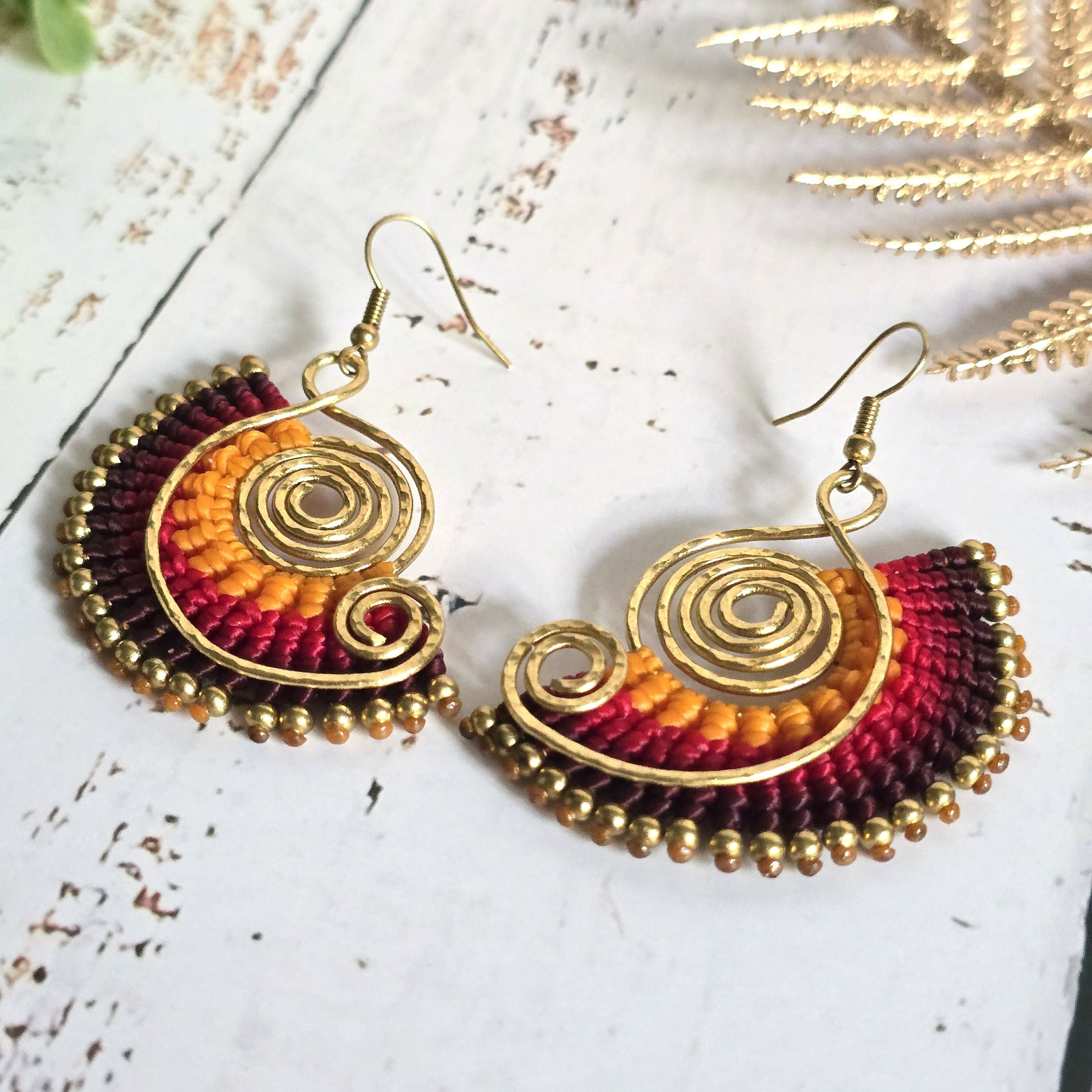 Sunset Macrame Earrings; Golden Spiral Knotted Cord Boho Red Orange Yellow Earrings