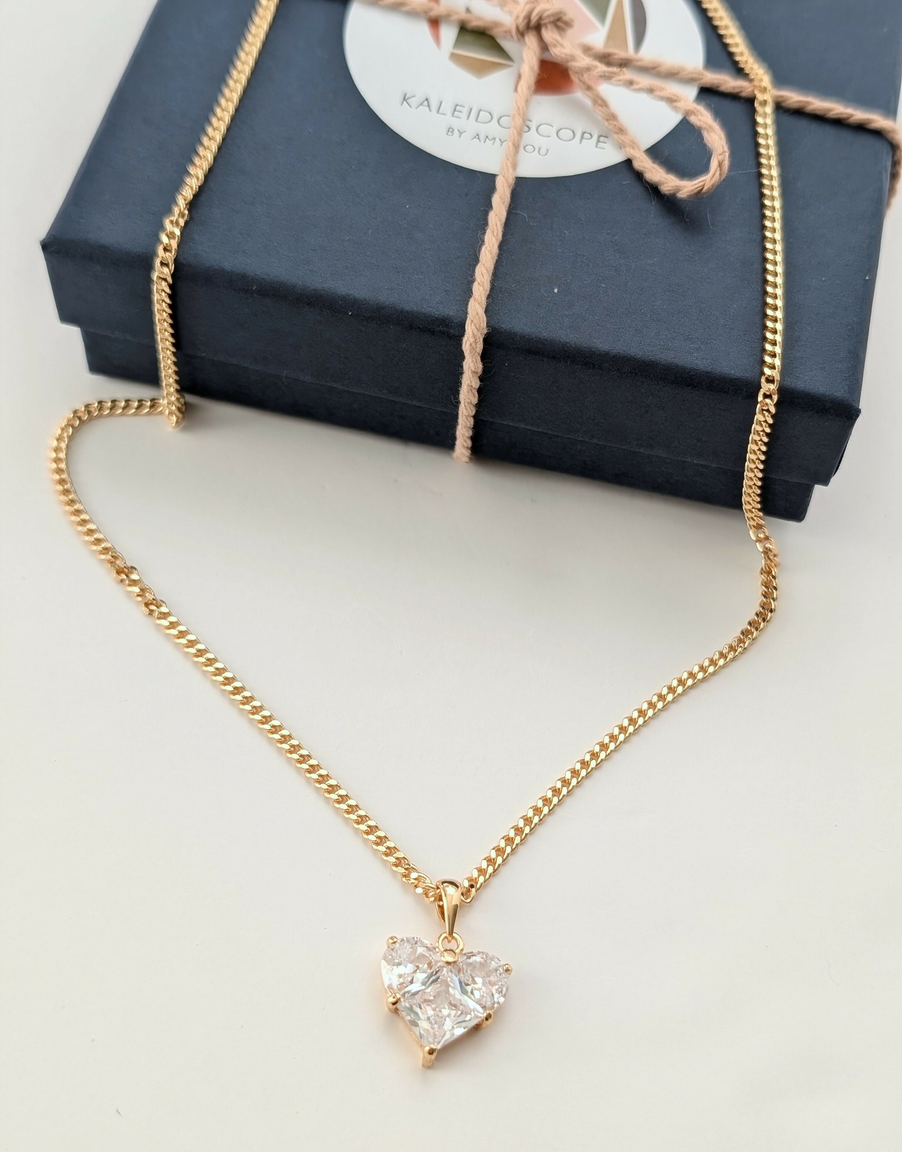 Clear Cubic Zirconia Heart Charm Necklace on a Gold Plated Chain