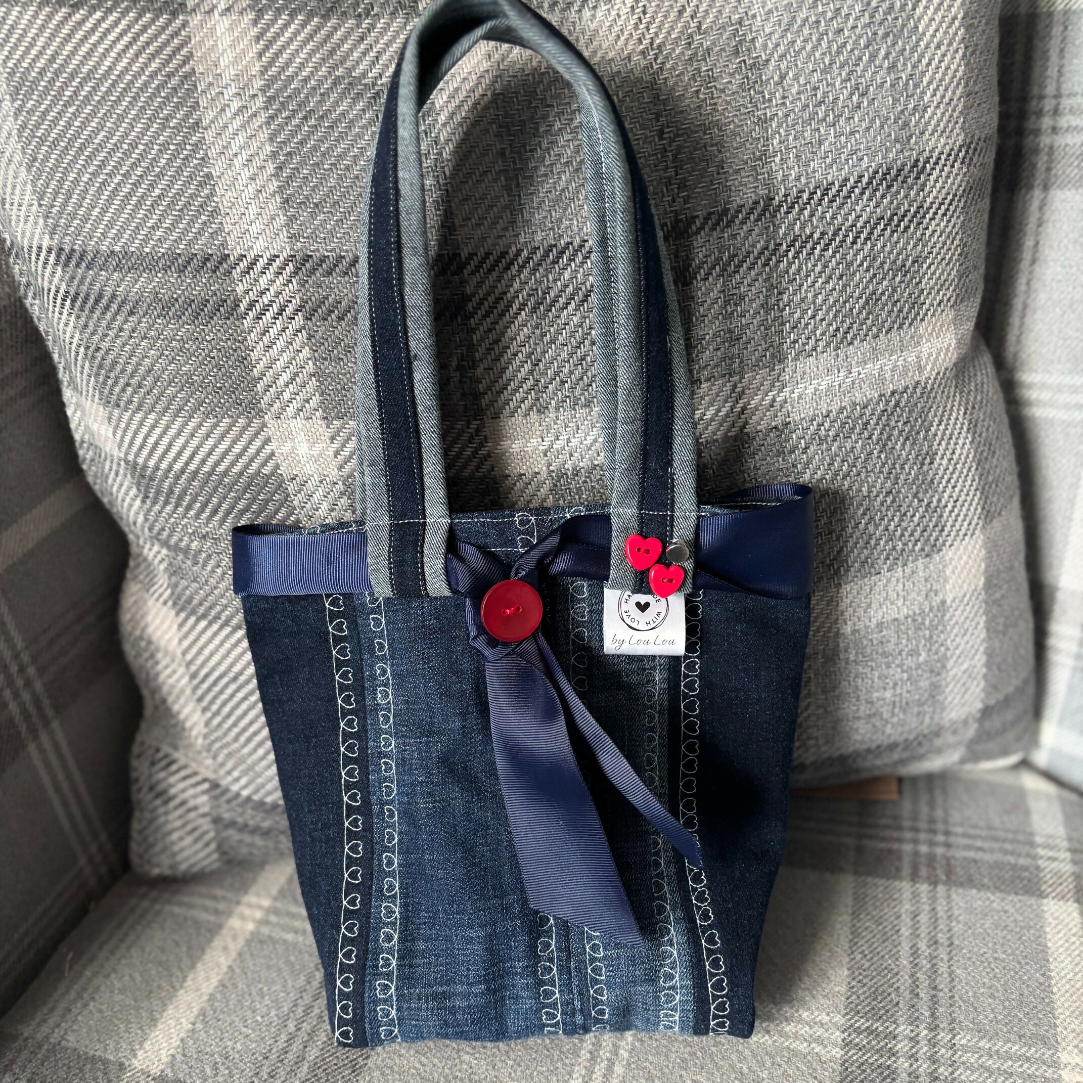 Unique Handcrafted Cute Denim Tote Bag Handbag Made From Upcycled Jeans With Flower Decoration