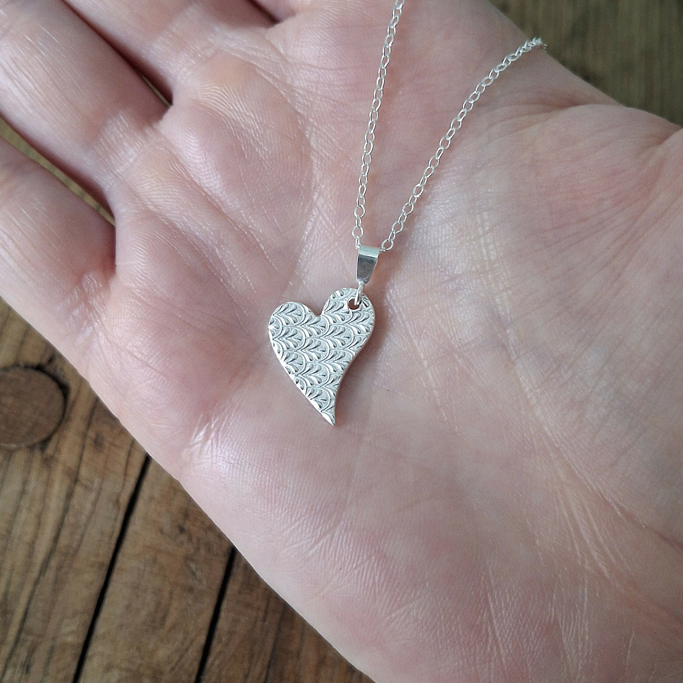Handmade Silver Heart Necklace Fancy Leaf Texture