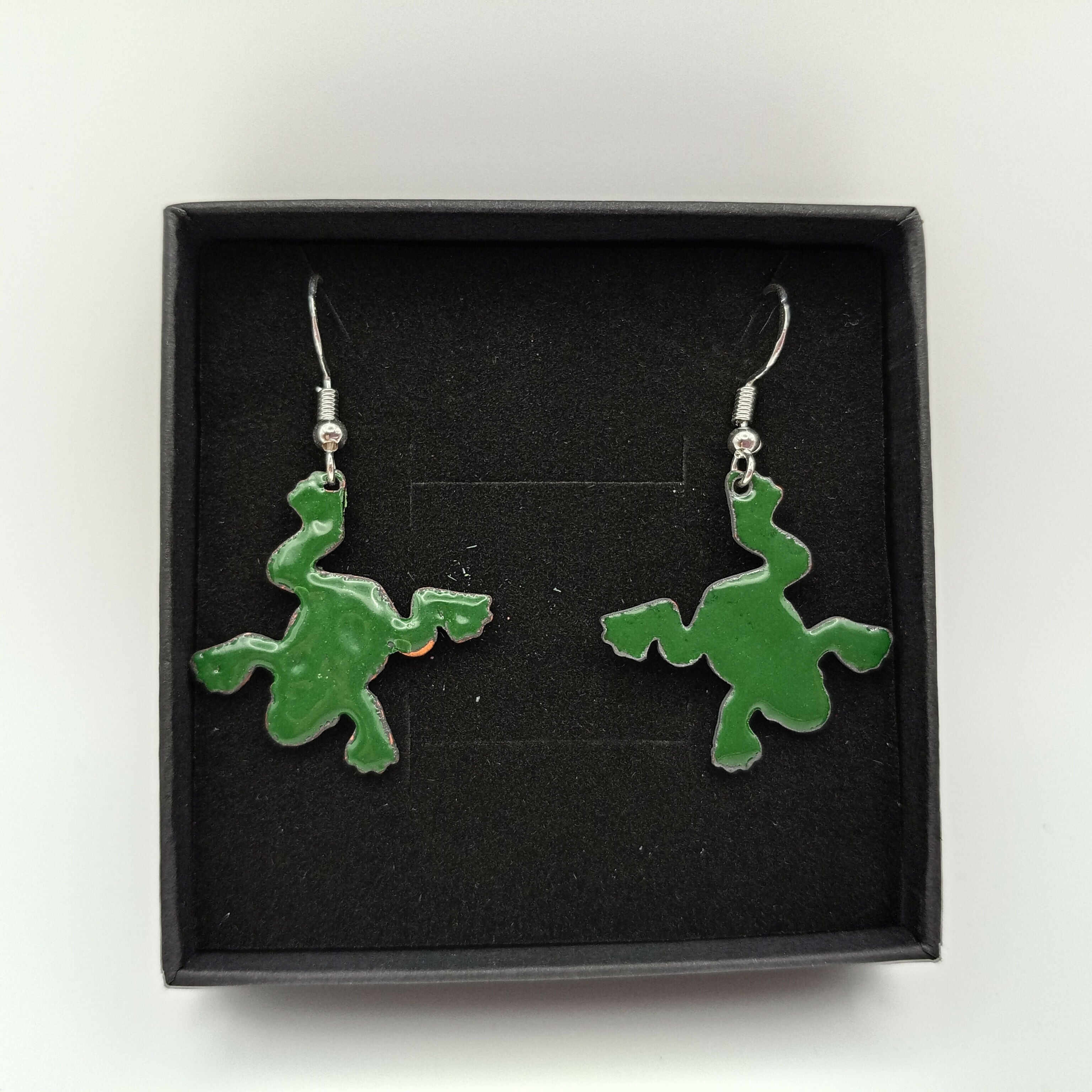 Dark Green Enamel Frog Earrings