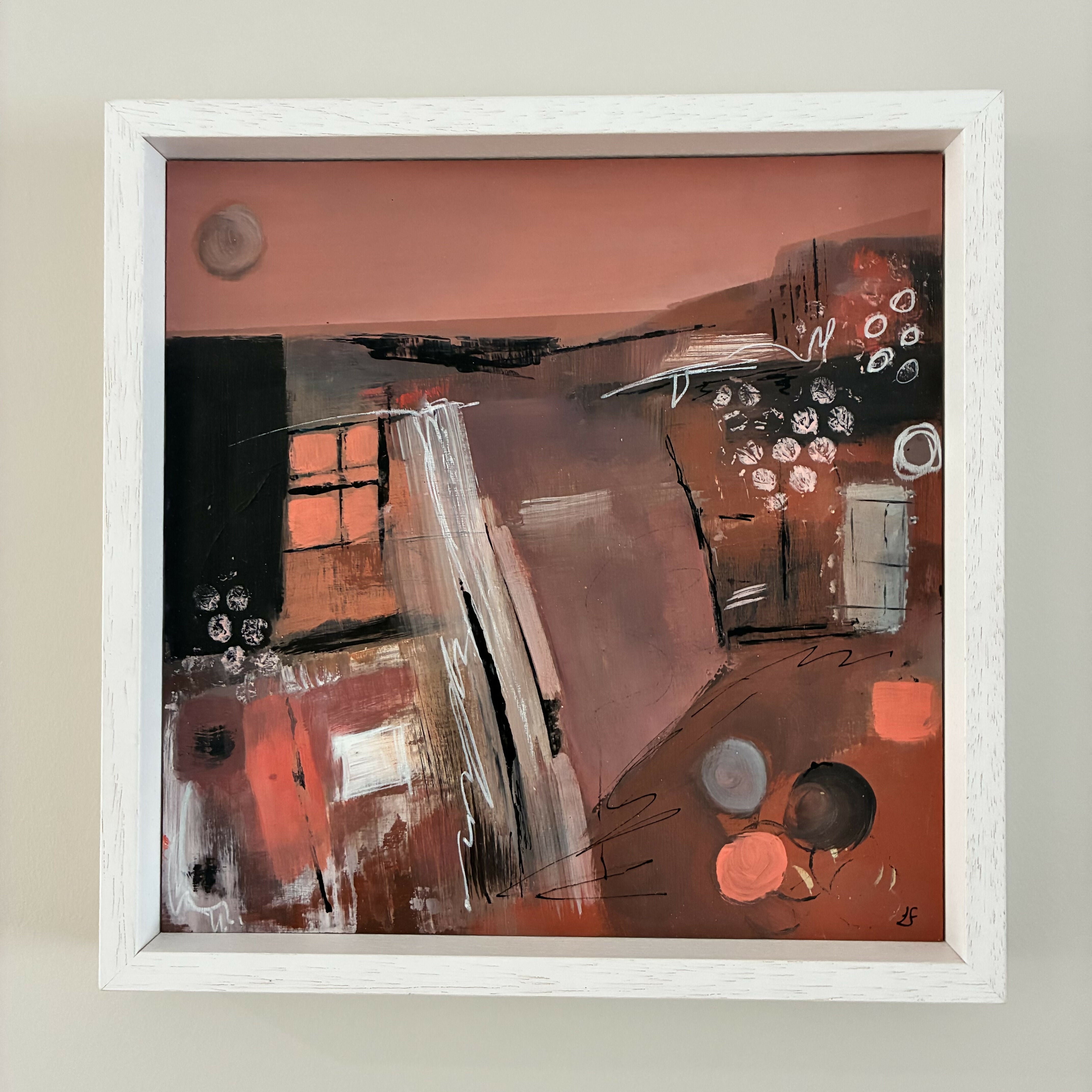 Abstract Landscape Acrylic Painting on wood panel in tray frame-'Remnants'