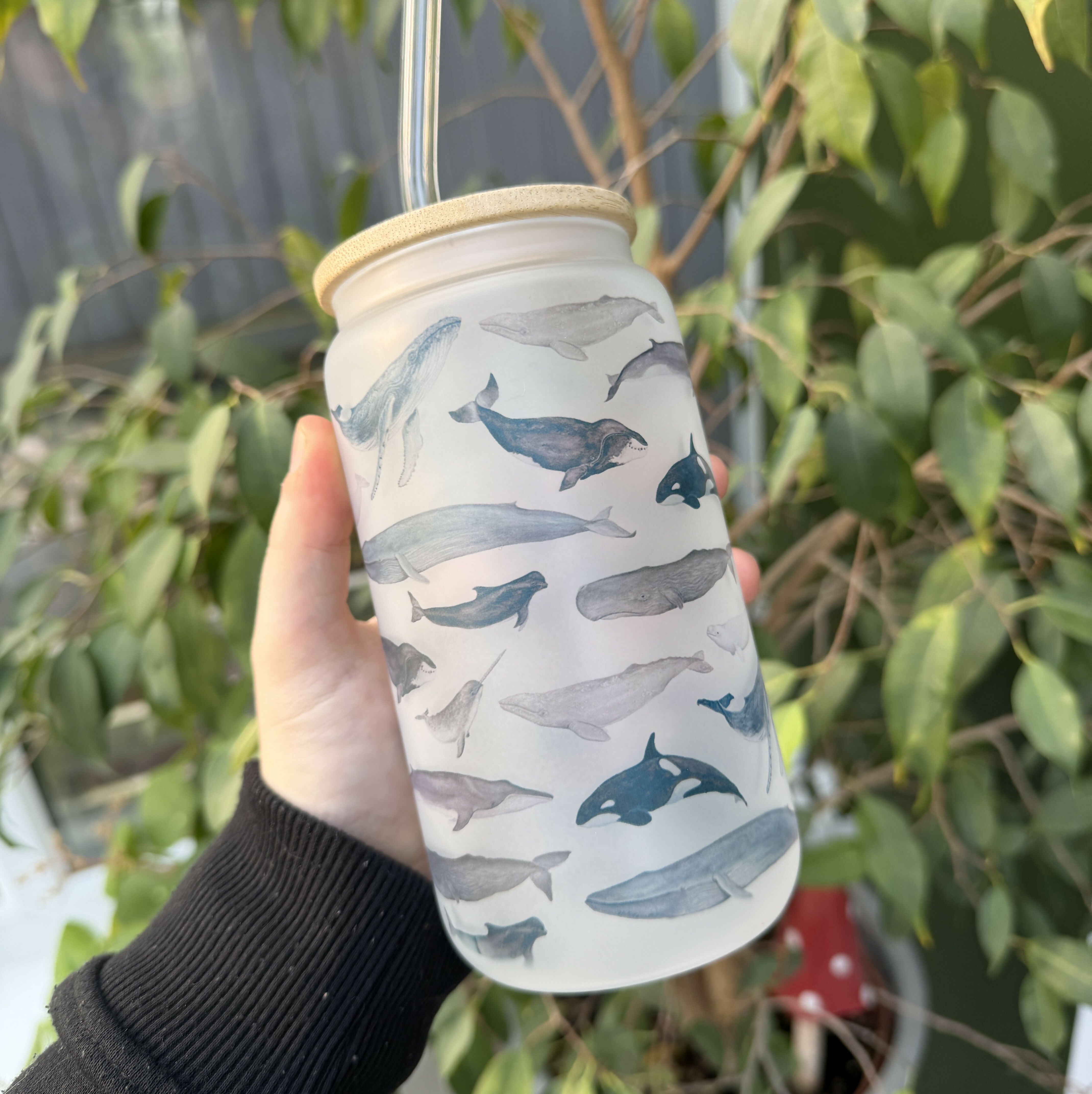 Whale - 16oz Glass Tumbler with Bamboo Lid and Glass Straw