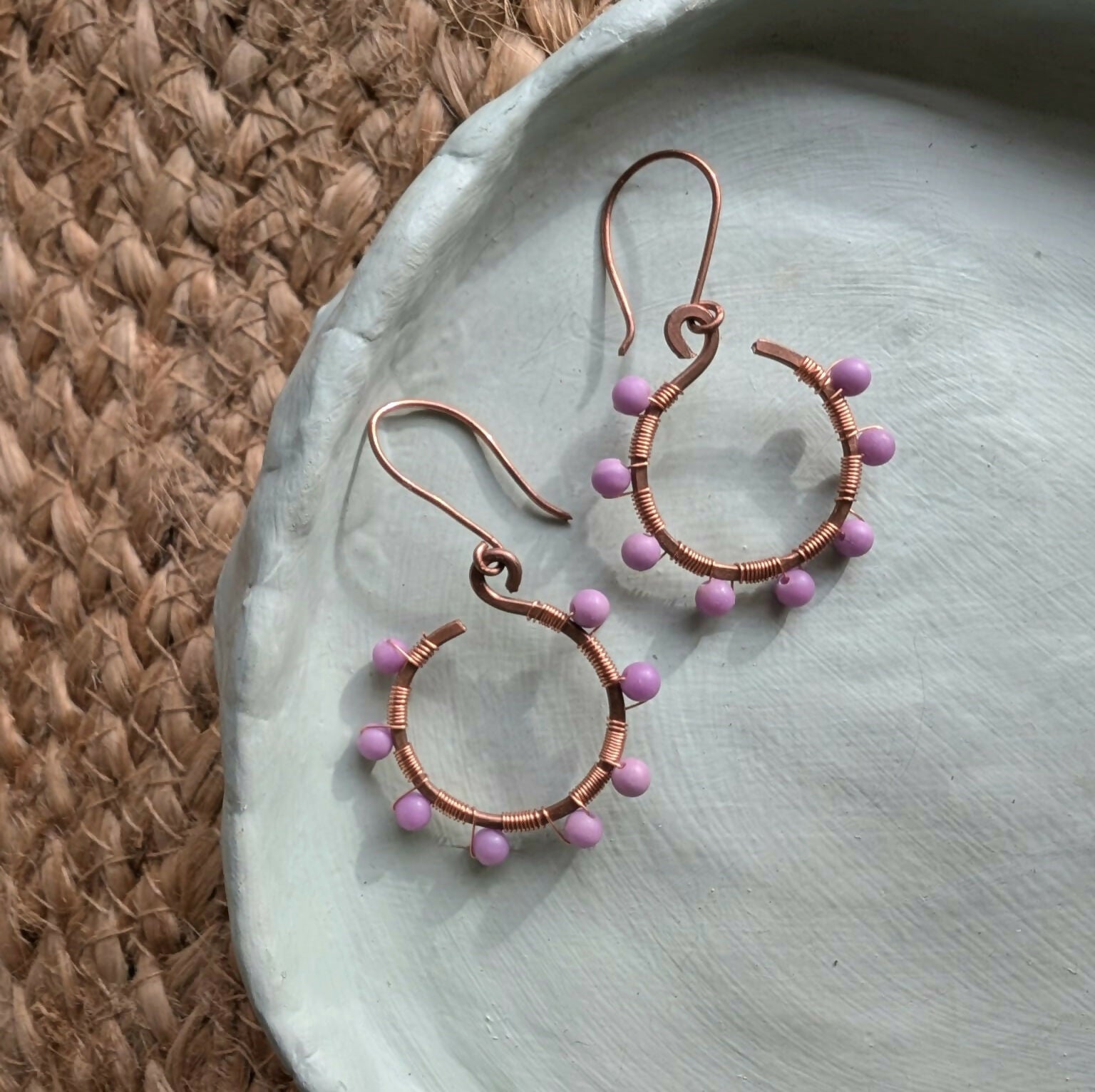 Hand wrapped Phosphosiderite & Copper Hoop Dangle Earrings