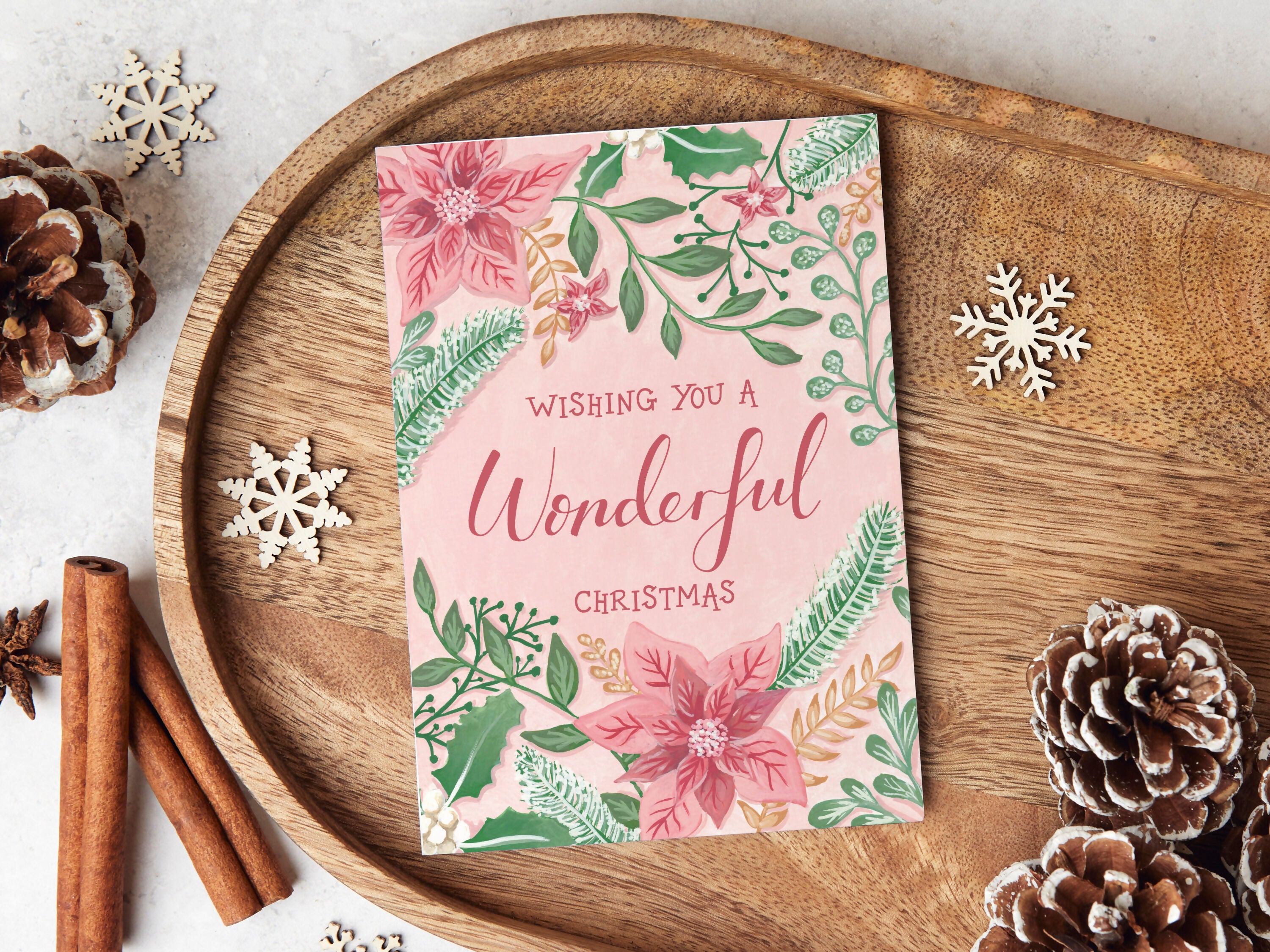 Pink Floral Wonderful Christmas Card A6
