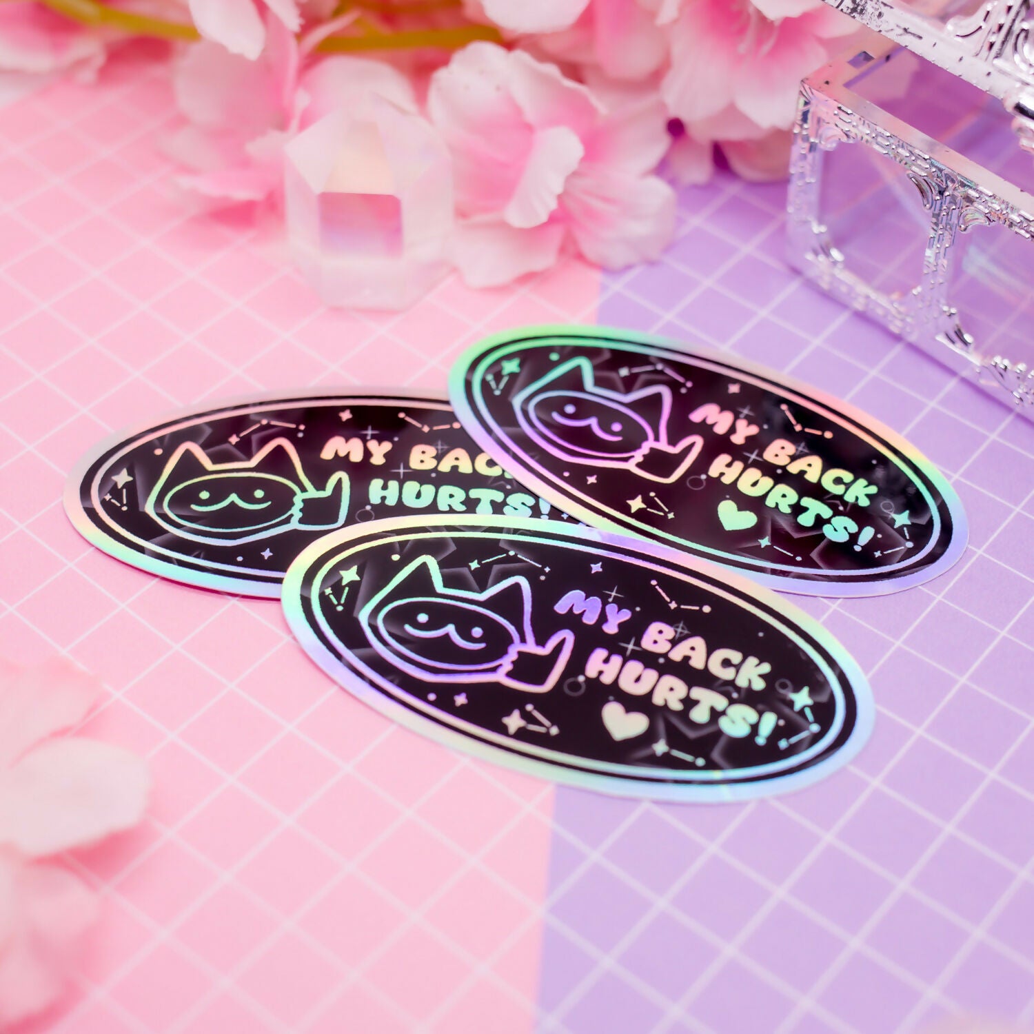 Holographic Sticker - My Back Hurts Cat