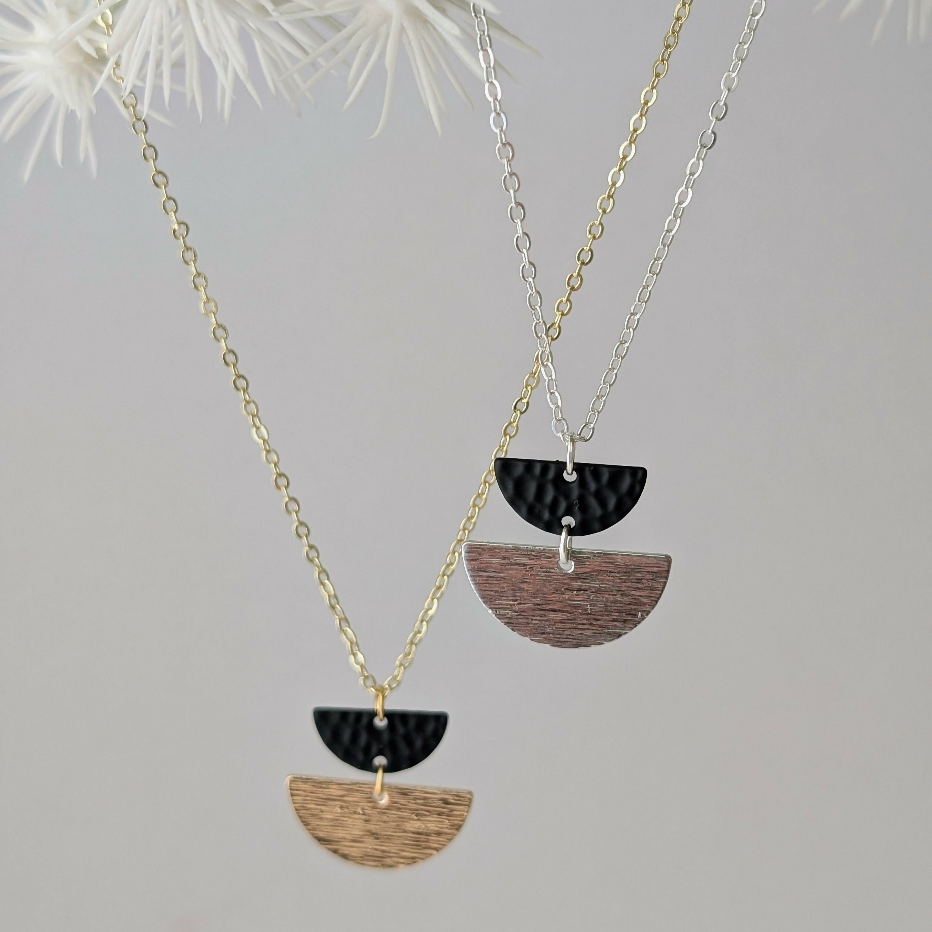 Geometric Necklace with Matte Black Charm and Gold Half Moon on Fine Gold Plated Chain