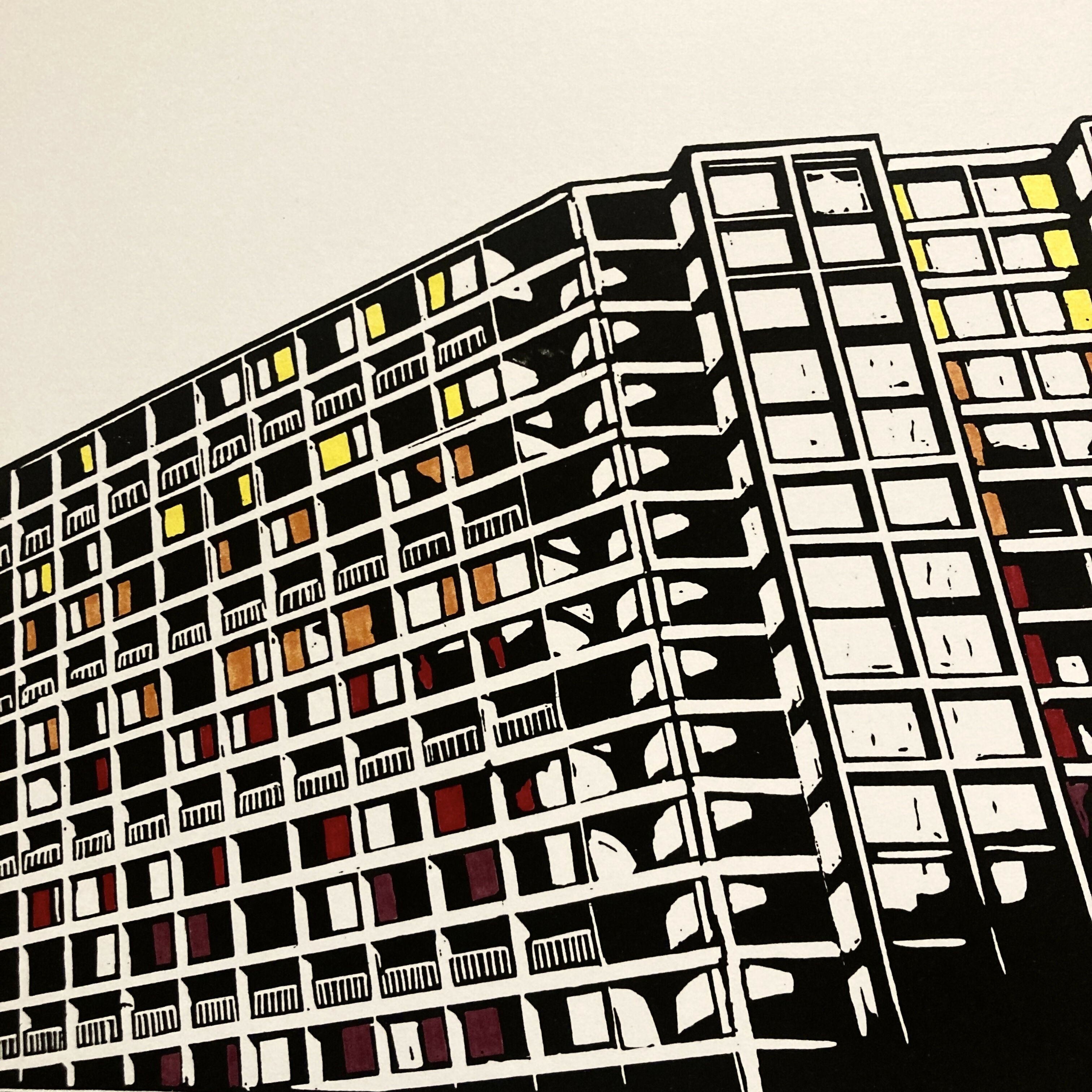 Park Hill flats Sheffield - A3 Hand Carved Lino Print On Card