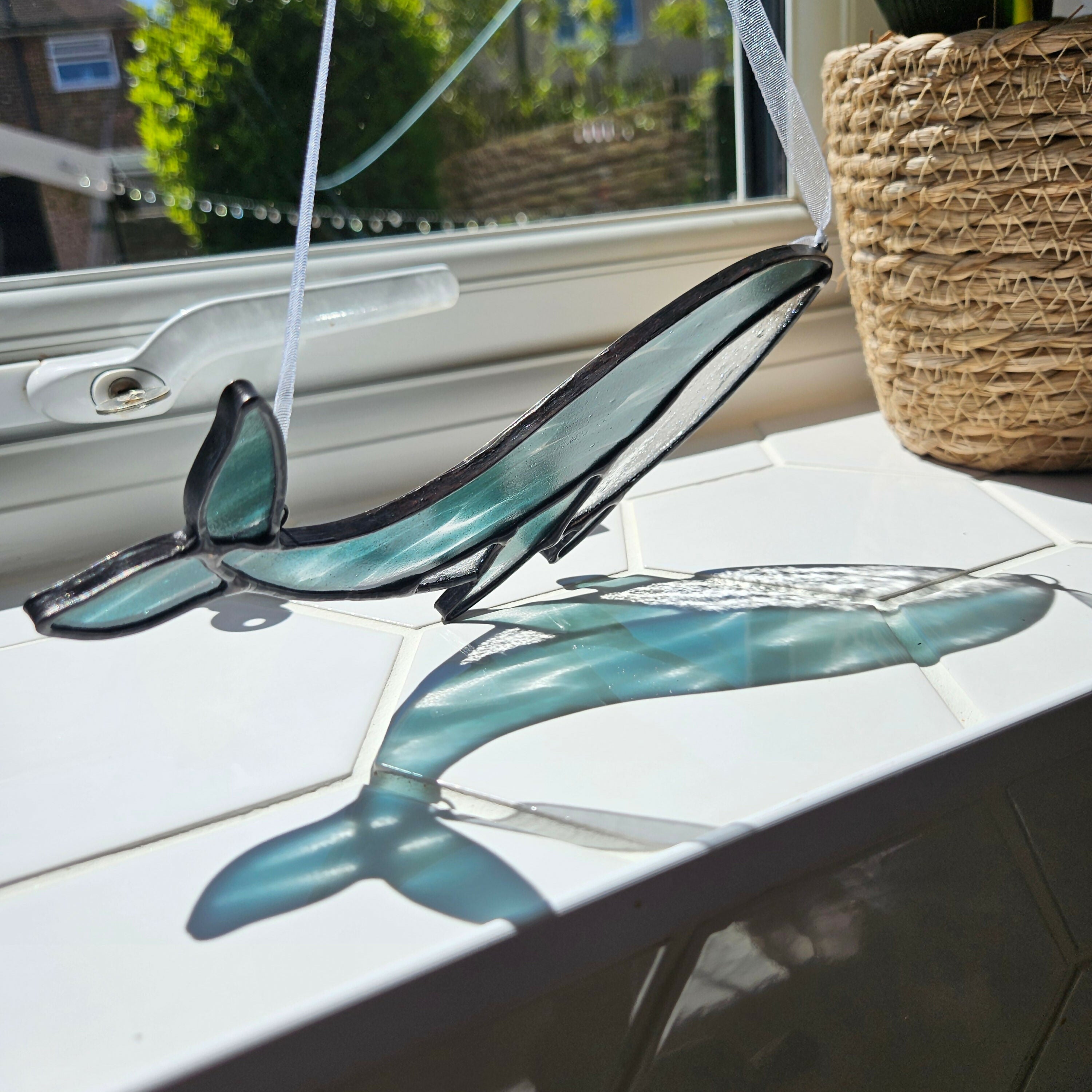 Streaky Blue-Green Whale Stained Glass Suncatcher