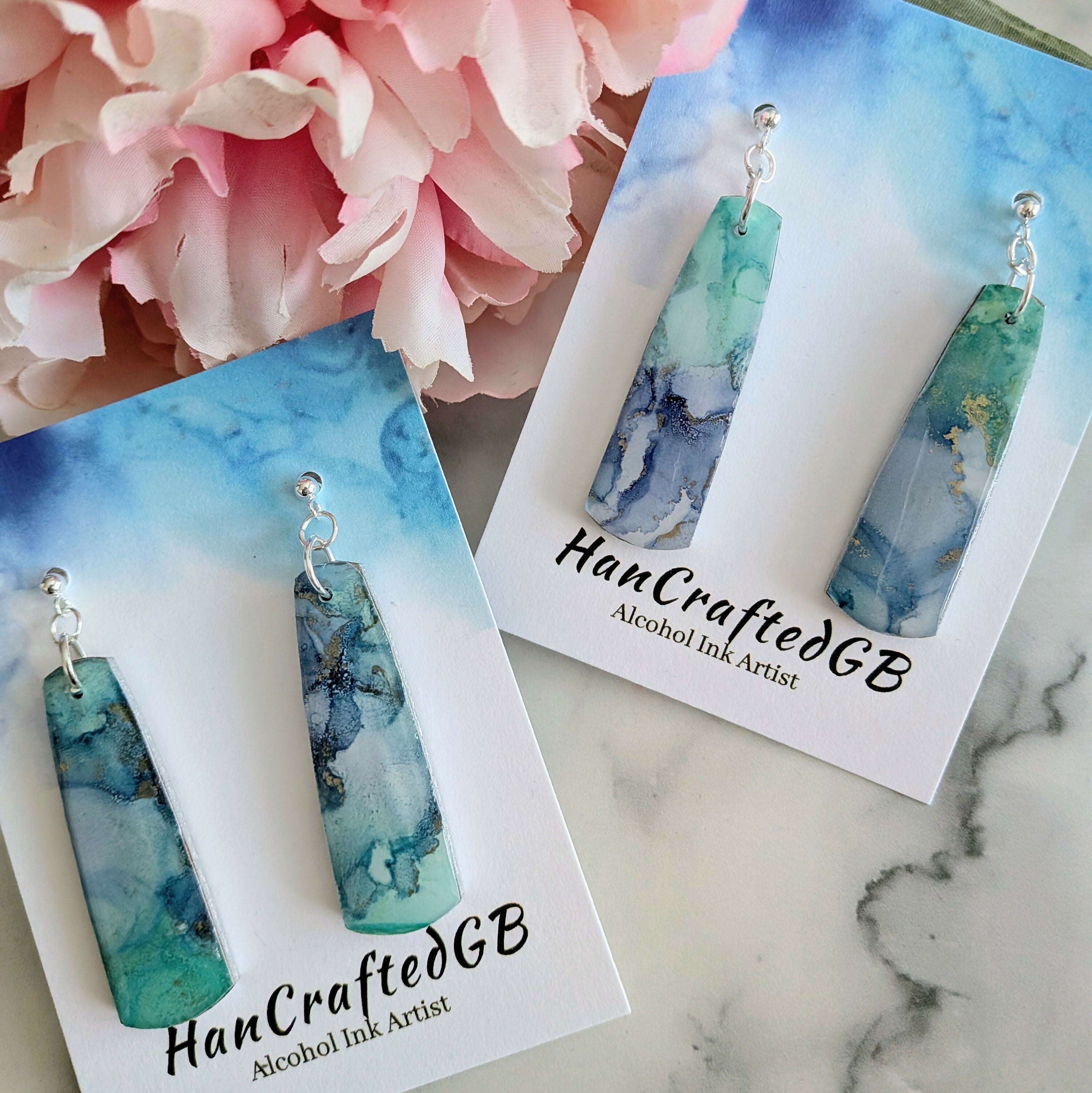 Navy Mint Stud Dangle Silver Earrings, Alcohol Ink Art