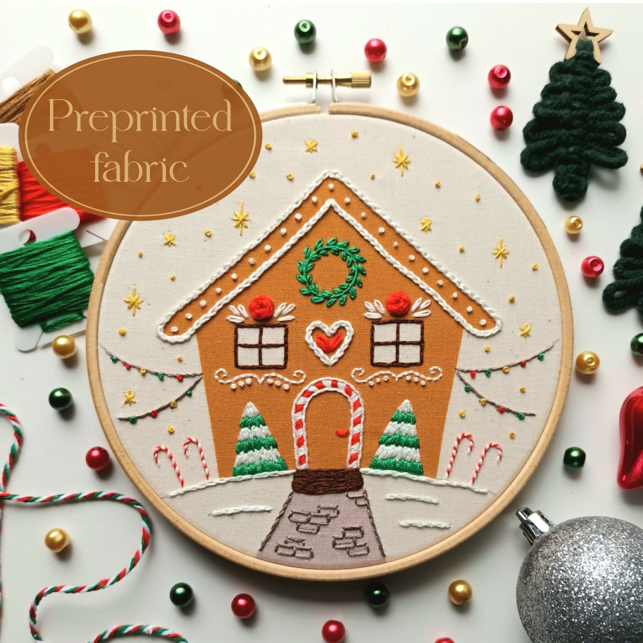 Preprinted Embroidery Pattern For Beginners - Gingerbread House