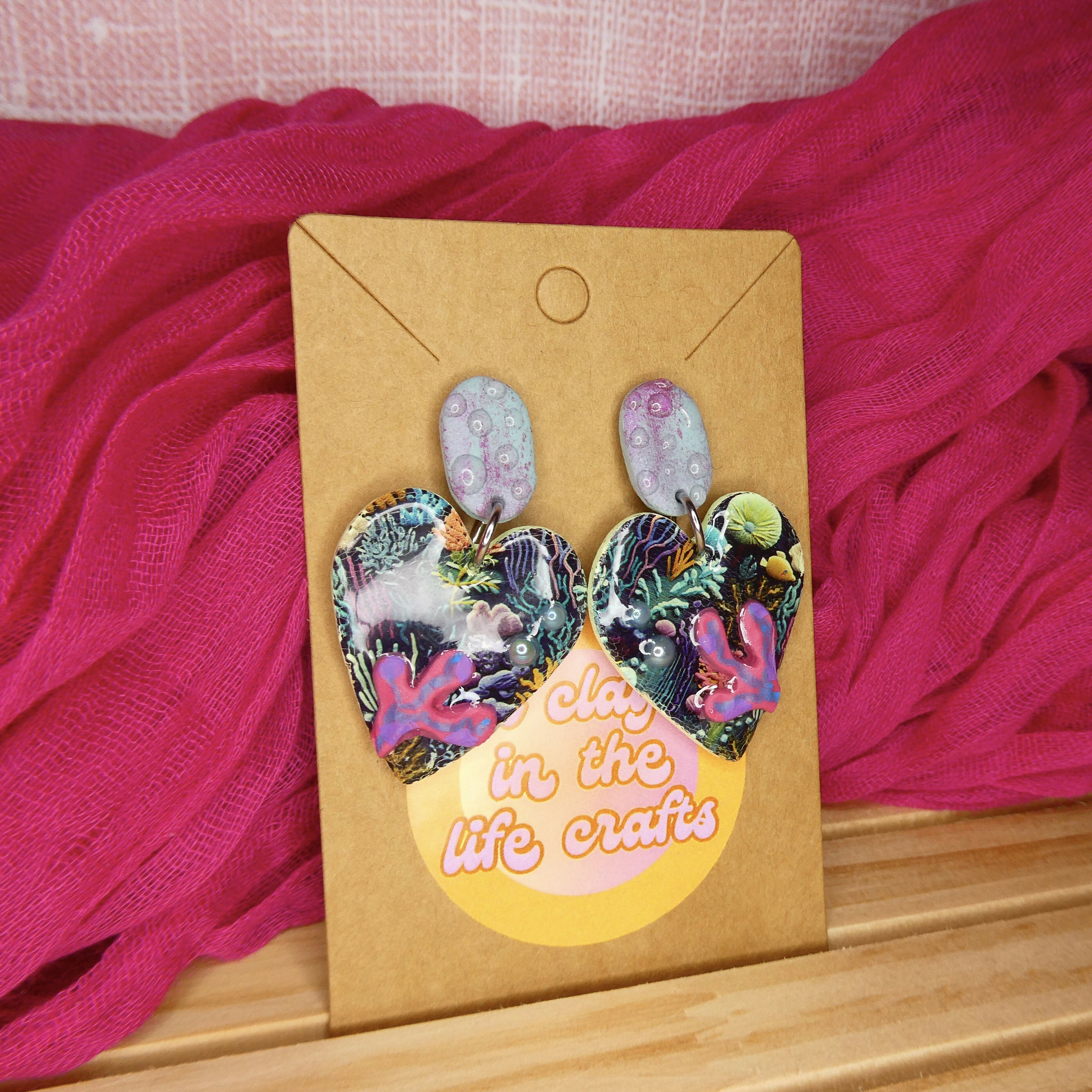 Seascape Heart Polymer Clay Earrings With Coral Detail