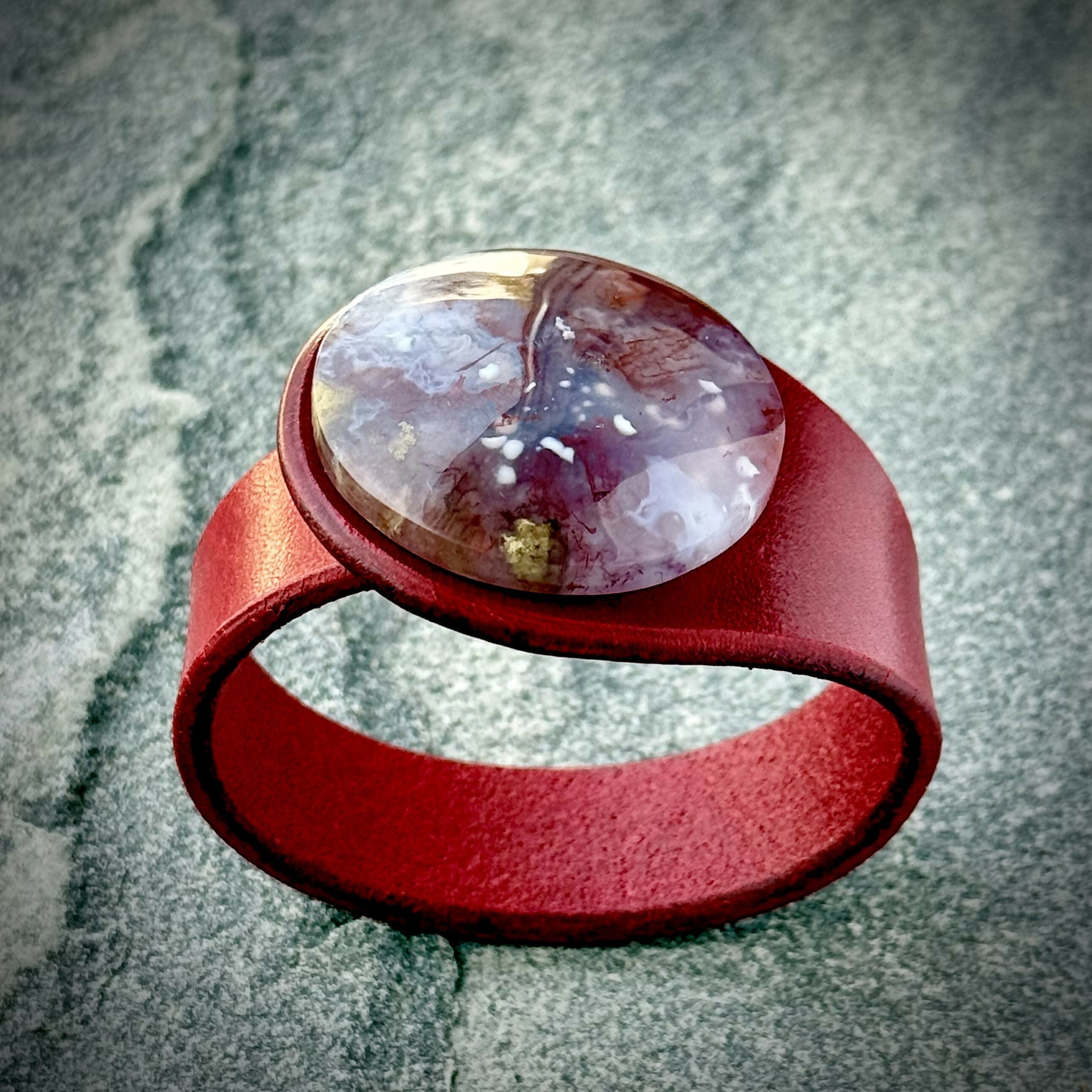 Handcrafted Natural Leather & Red Moss Agate Gemstone Bracelet - Size S or M