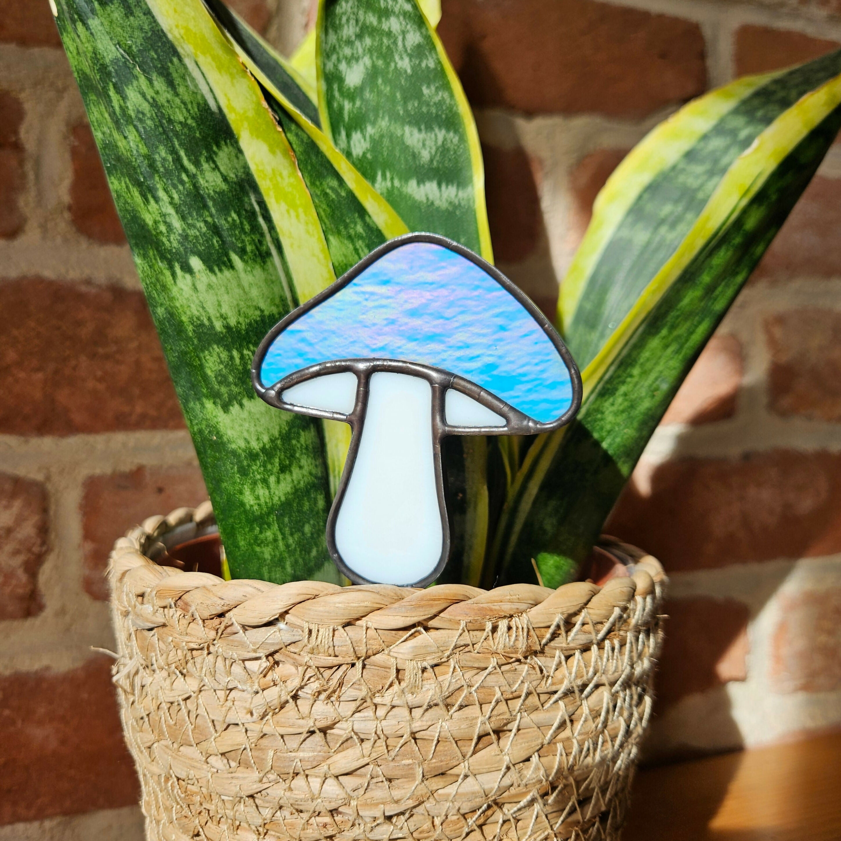 Iridescent Blue Mushroom Stained Glass Plantstake