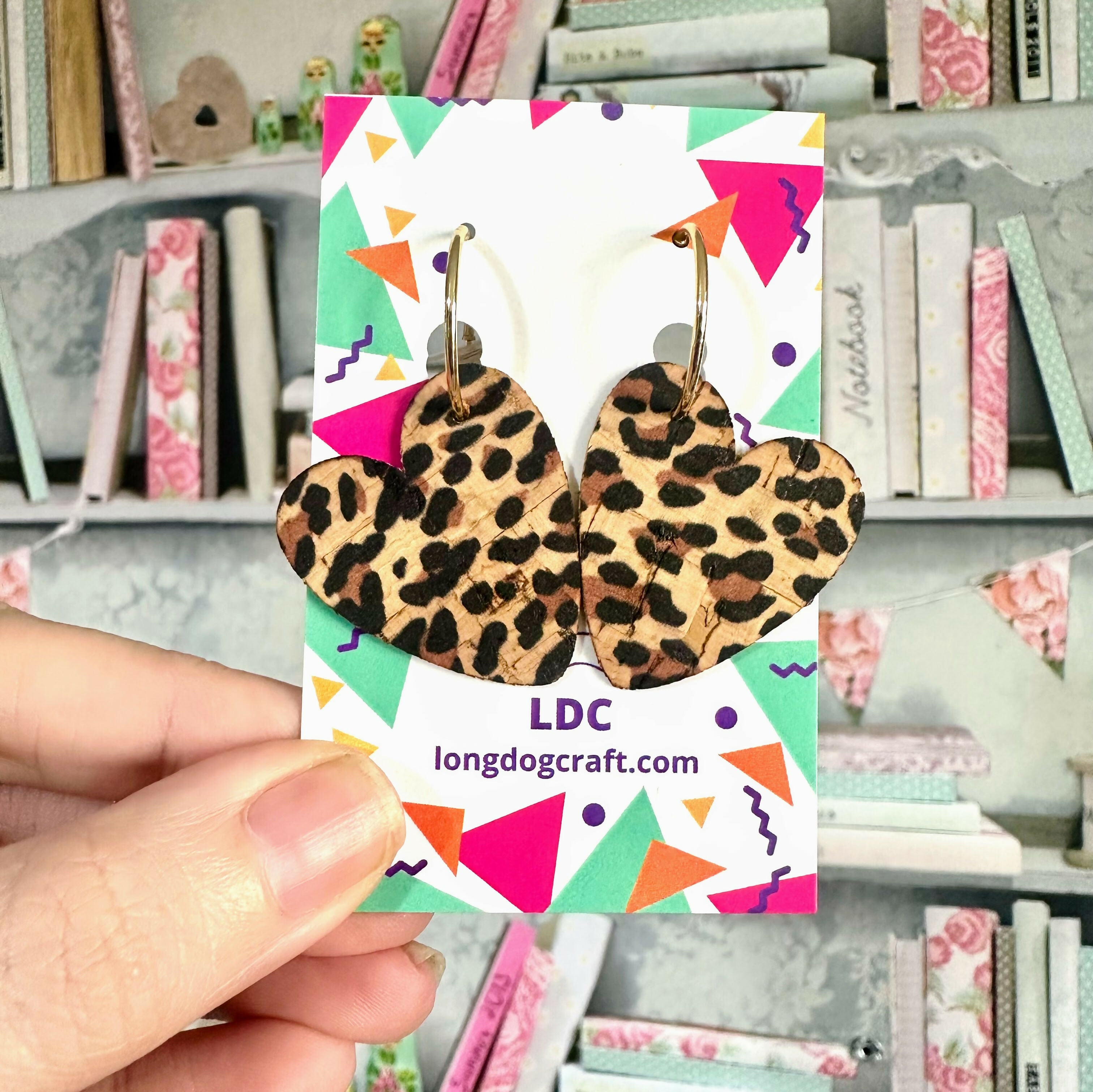 Leopard Cork Heart Hoops