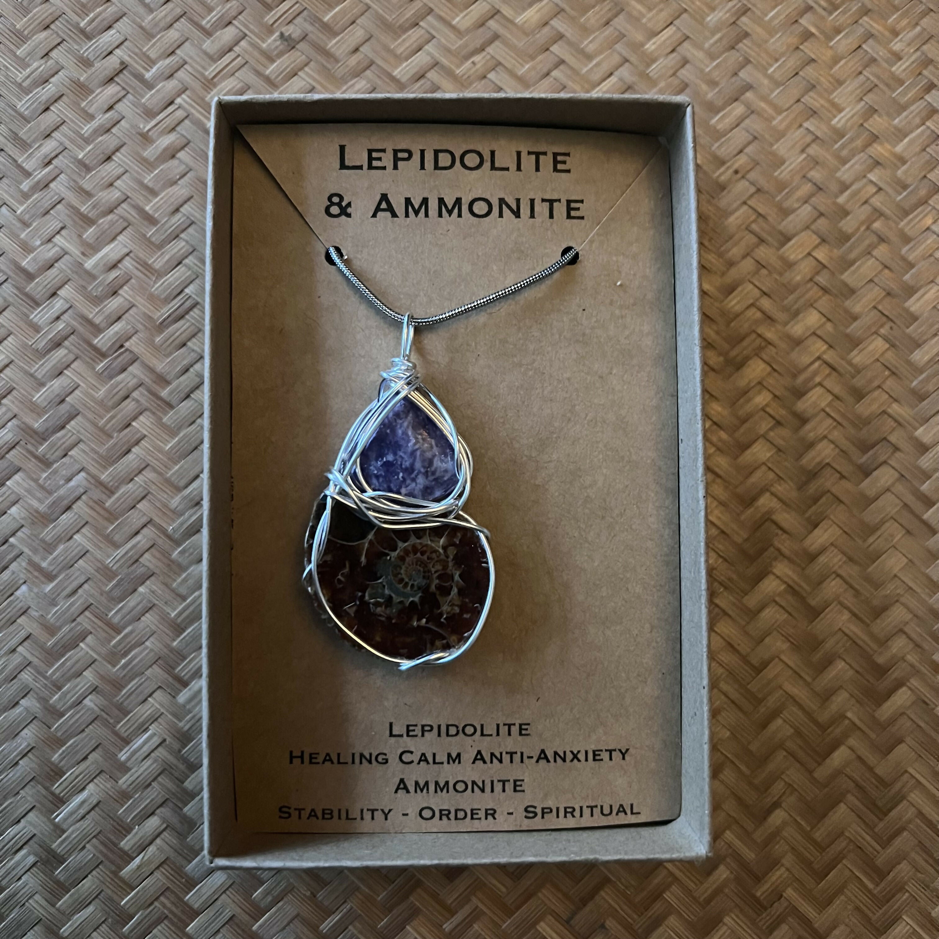 Lepidolite and Ammonite Wire Wrapped Pendant