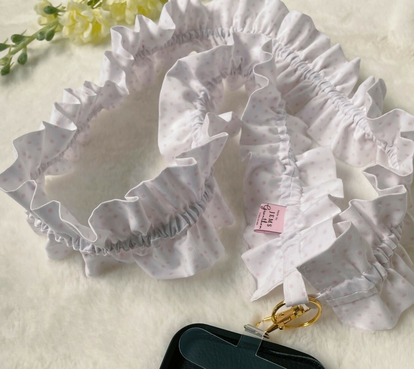 Handmade Ruffled Crossbody Phone Strap White with Pink Polka dots