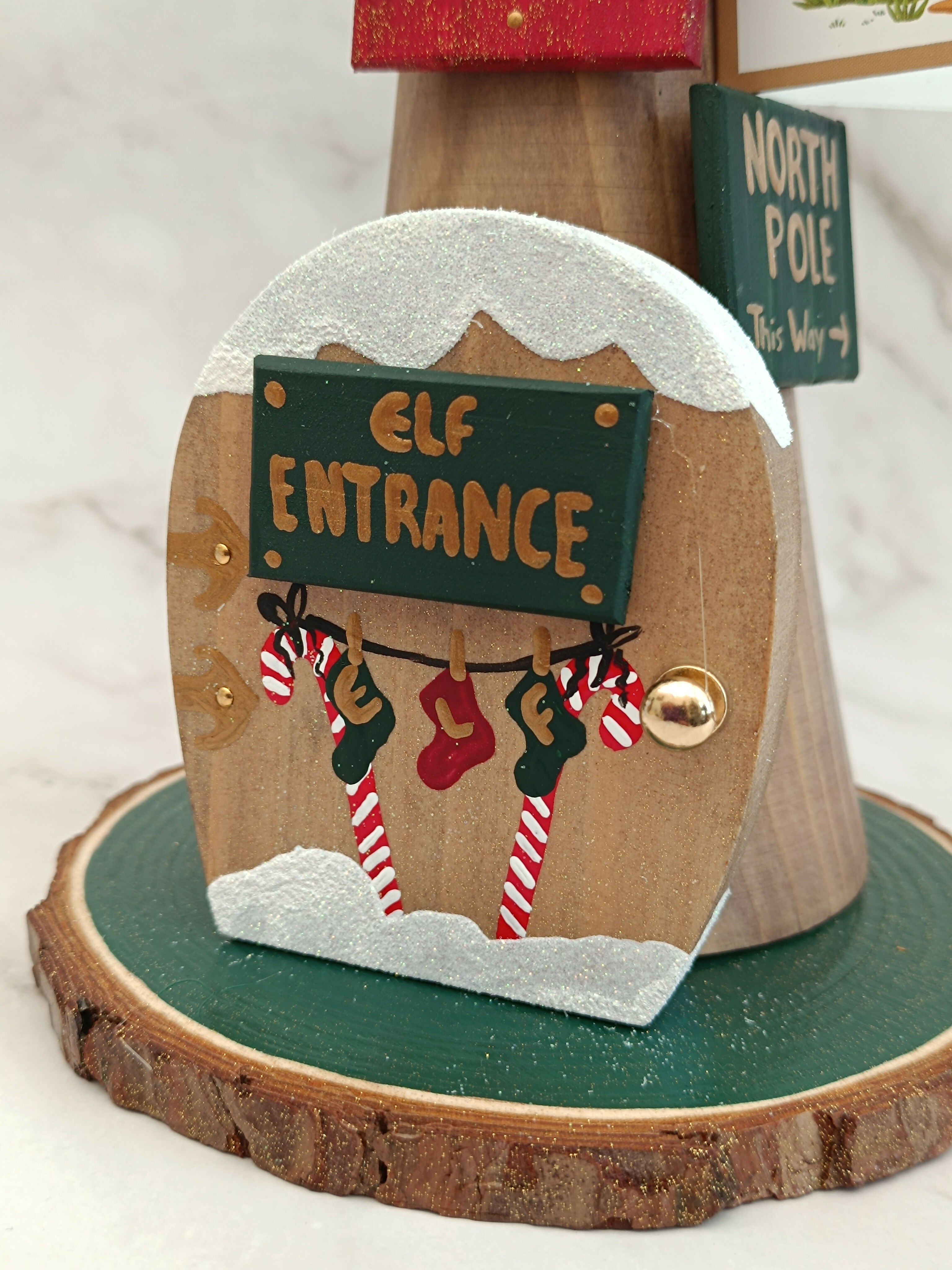 30cm Green Handmade, Free Standing Painted Wooden Bell Shaped Topped Toadstool Elf House - Whimsical Woodland Ornament & Holiday Keepsake