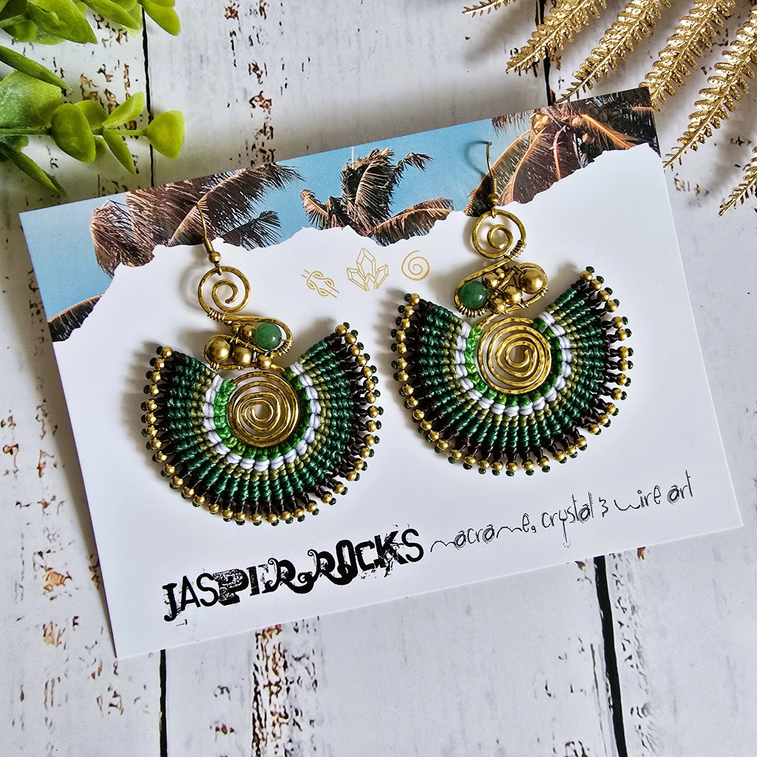Green Jade Crystal Earrings; Full Moon Macramé Earrings With Gold Spiral & Bohemian Wirework