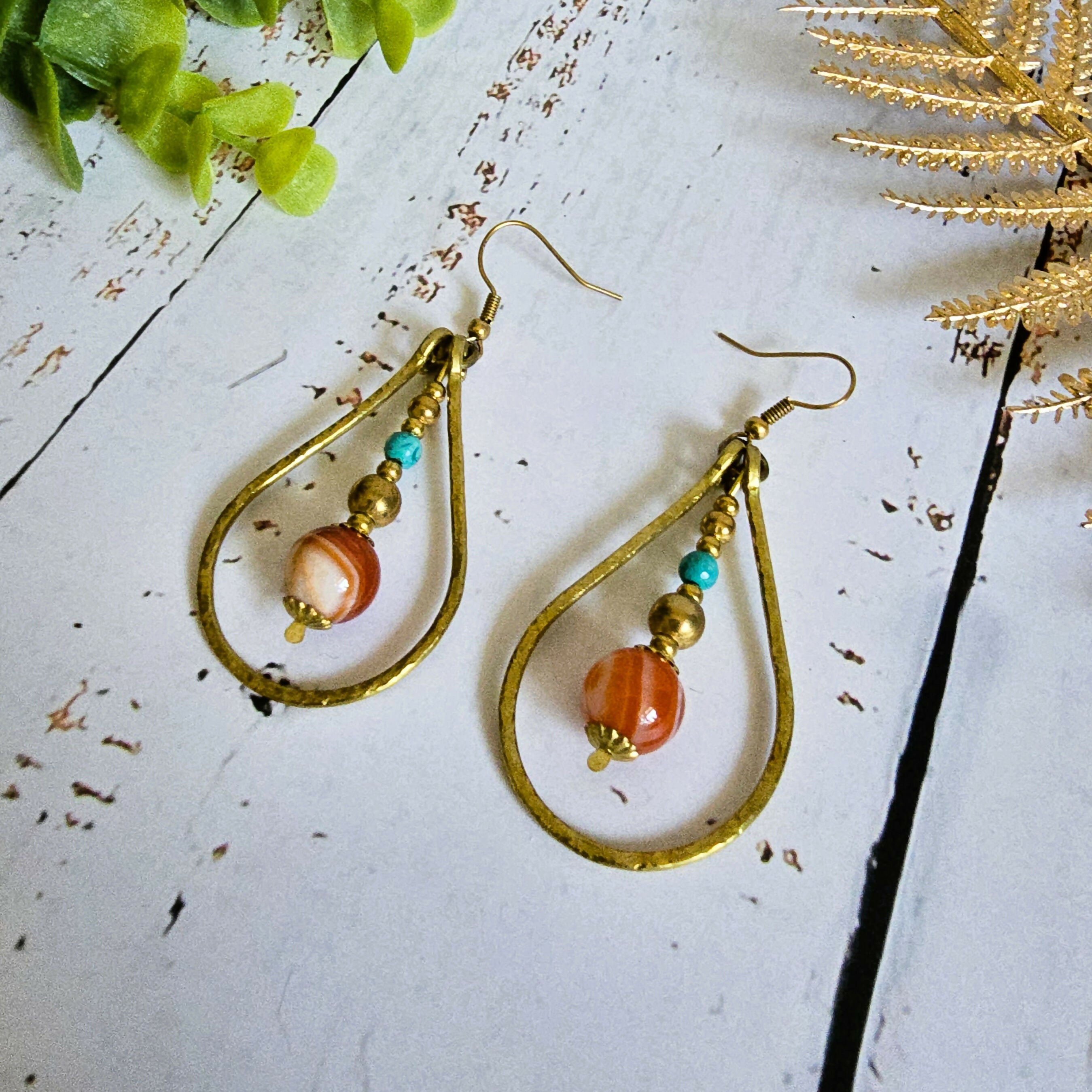 Gold Wire Crystal Earrings; Turquoise & Orange Agate Bohemian Teardrop Earrings