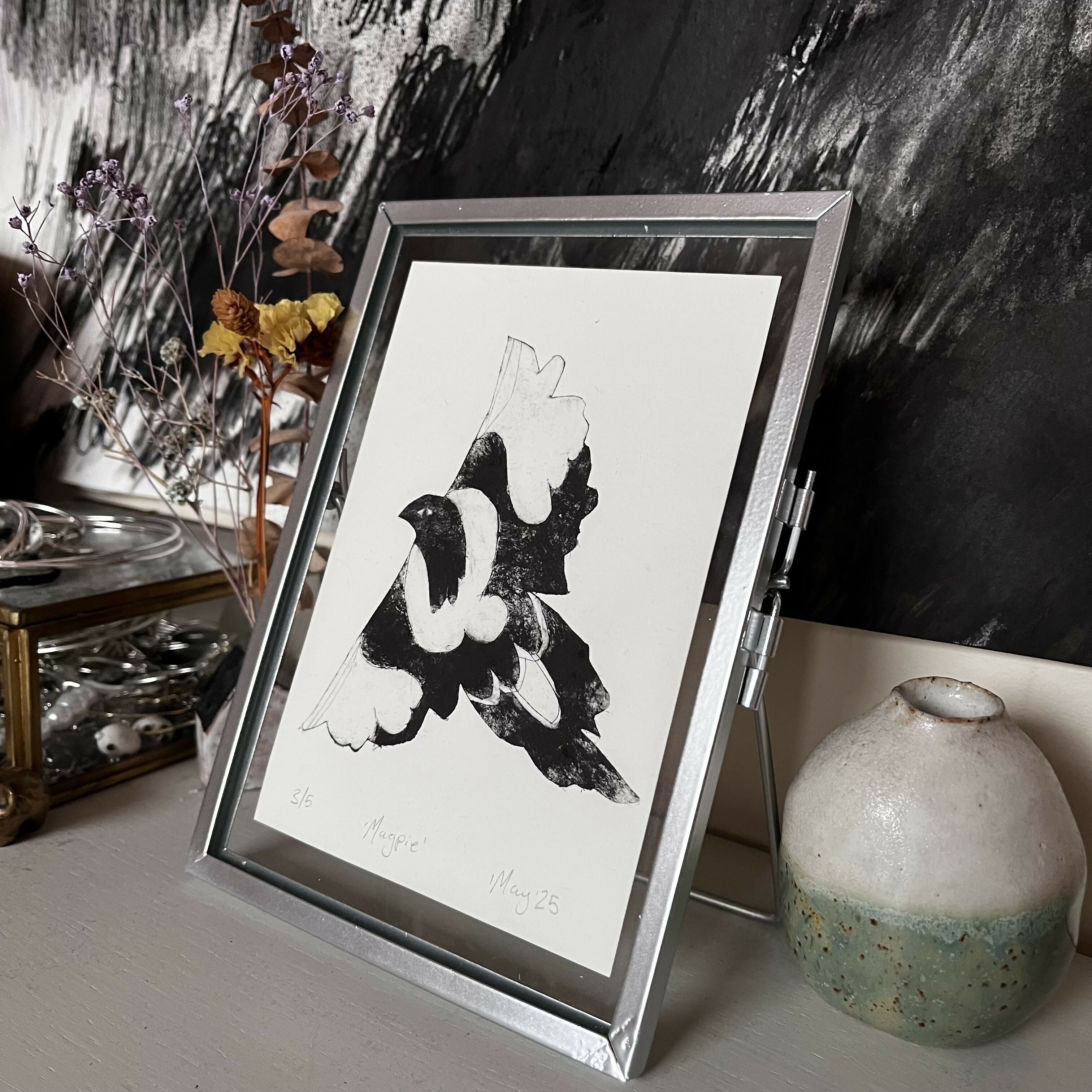 Framed Magpie Drypoint Print