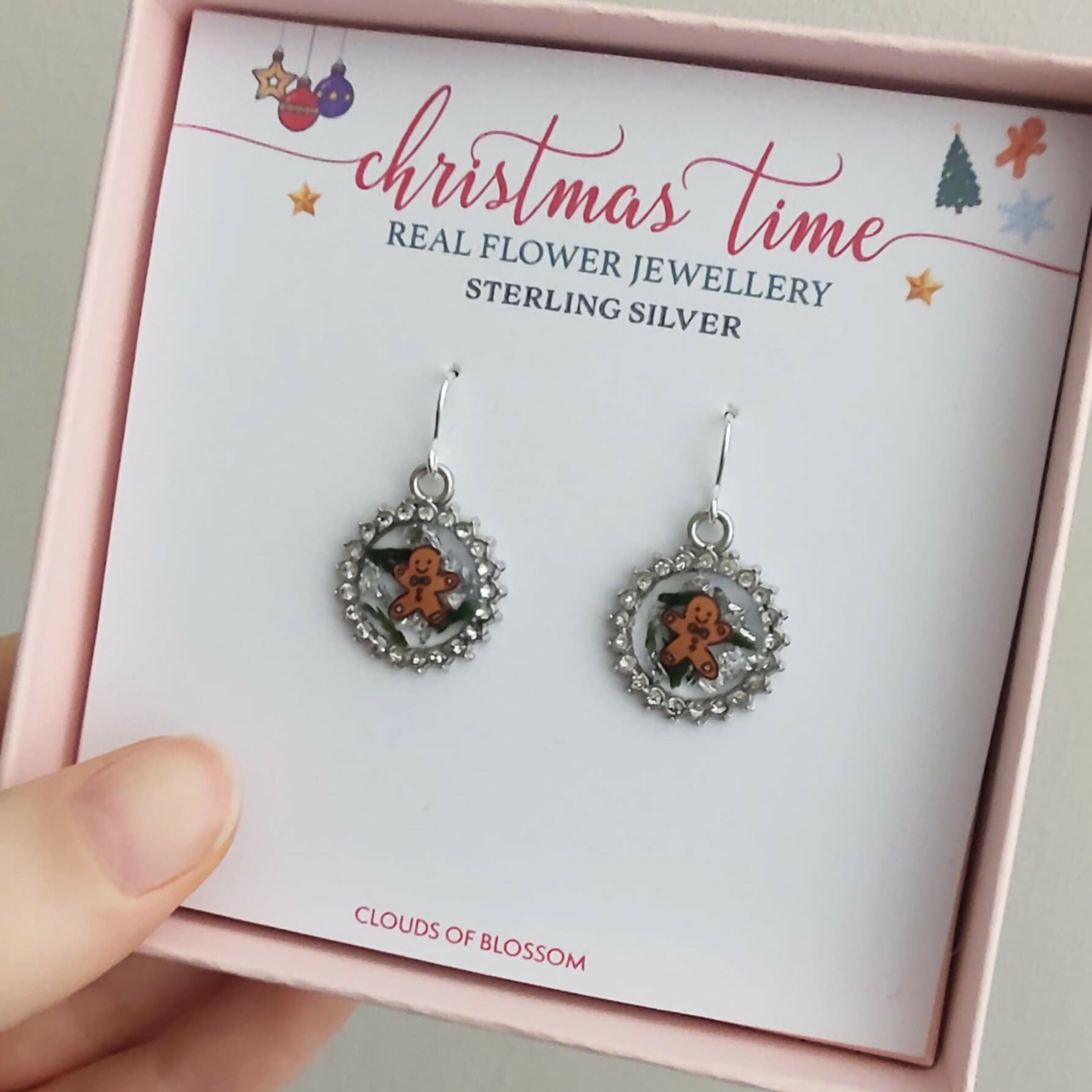 Real Christmas Tree Leaves Gingerbread Man Earrings Sterling Silver
