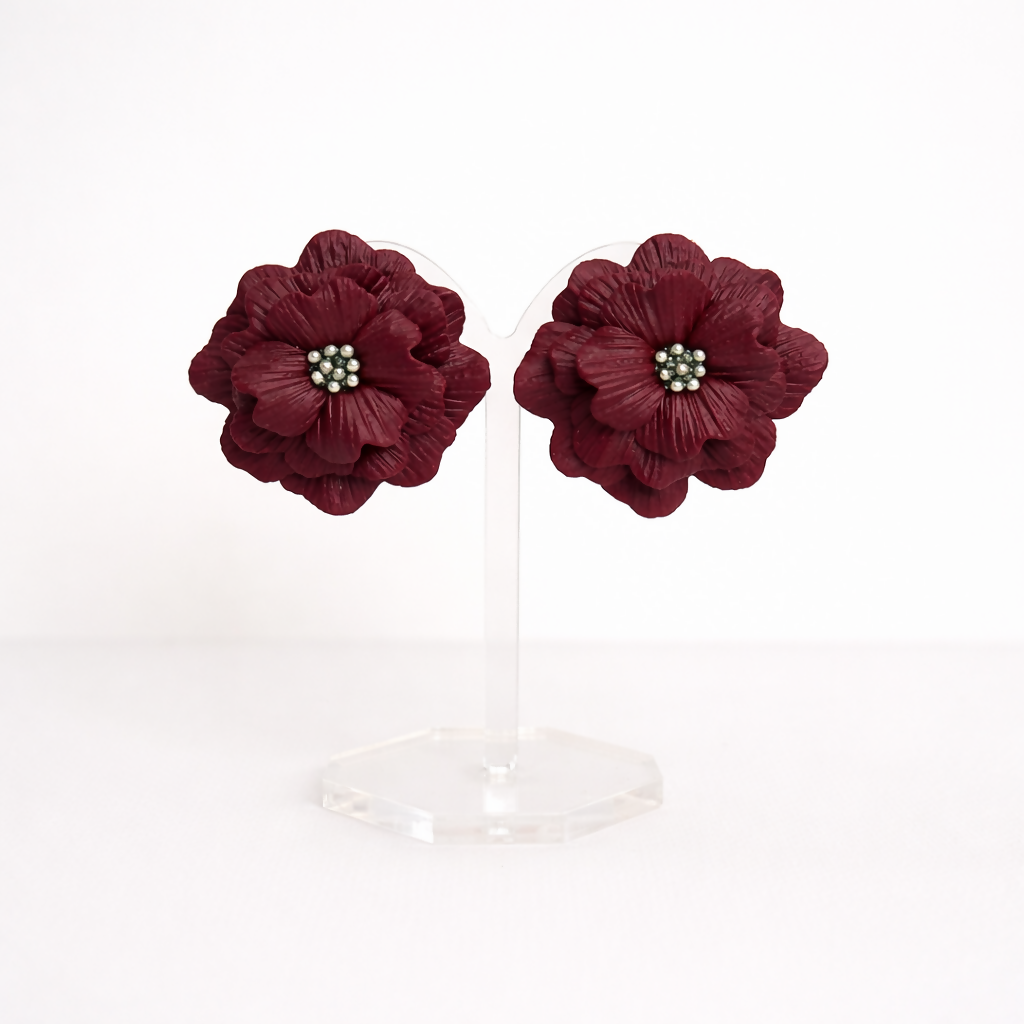 Large Floral Statement Earrings with Silver Bead Centre in Bordeaux