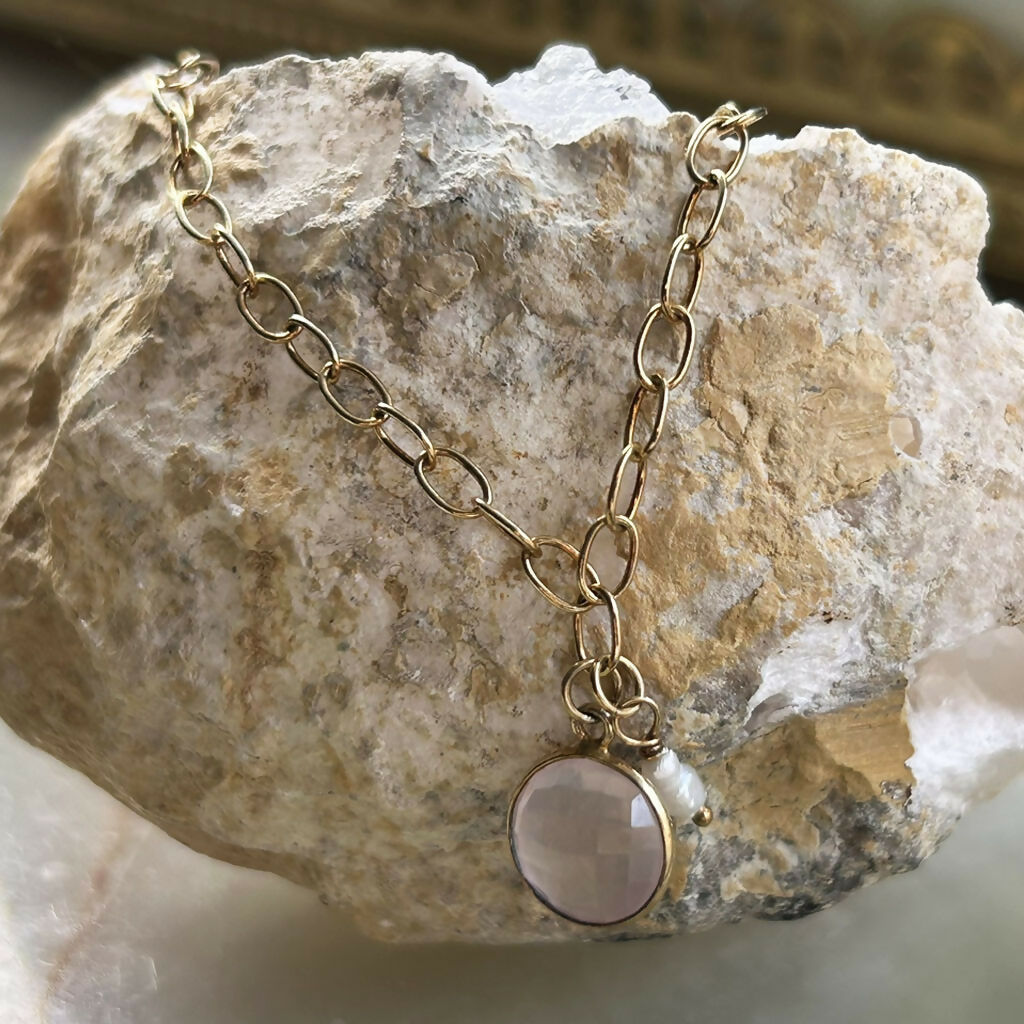 Handmade Gold Vermeil Rose Quartz And Fresh Water Pearl Cable Chain Bracelet