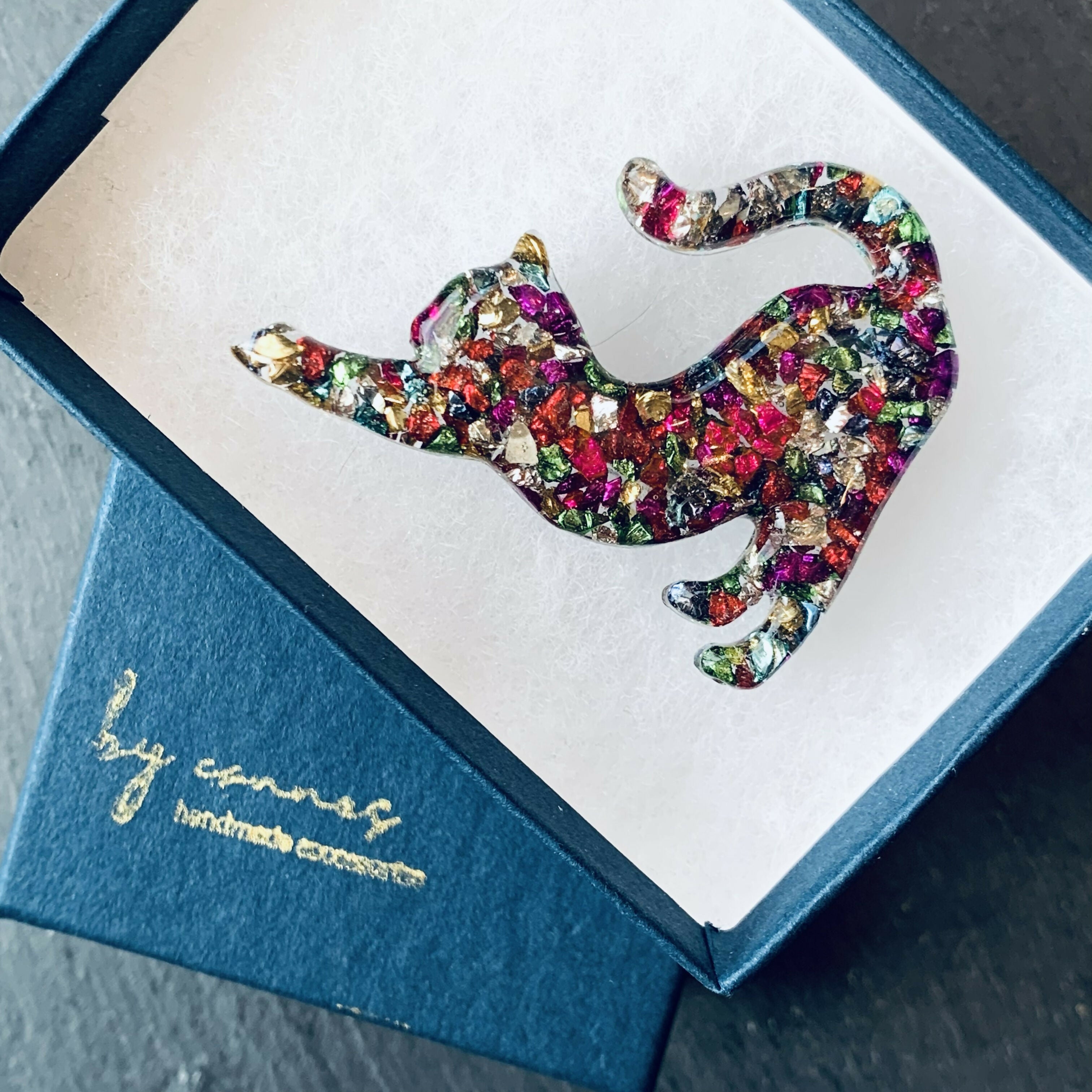 Hand Cast Mosaic Resin Cat Brooch