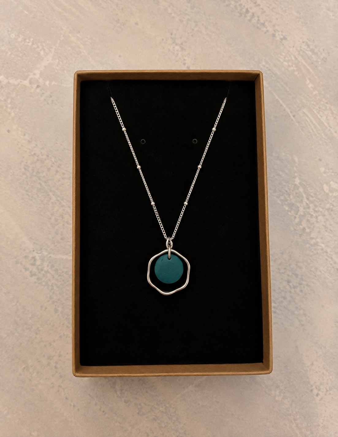 Teal Polymer Clay & Silver Circle Pendant Necklace