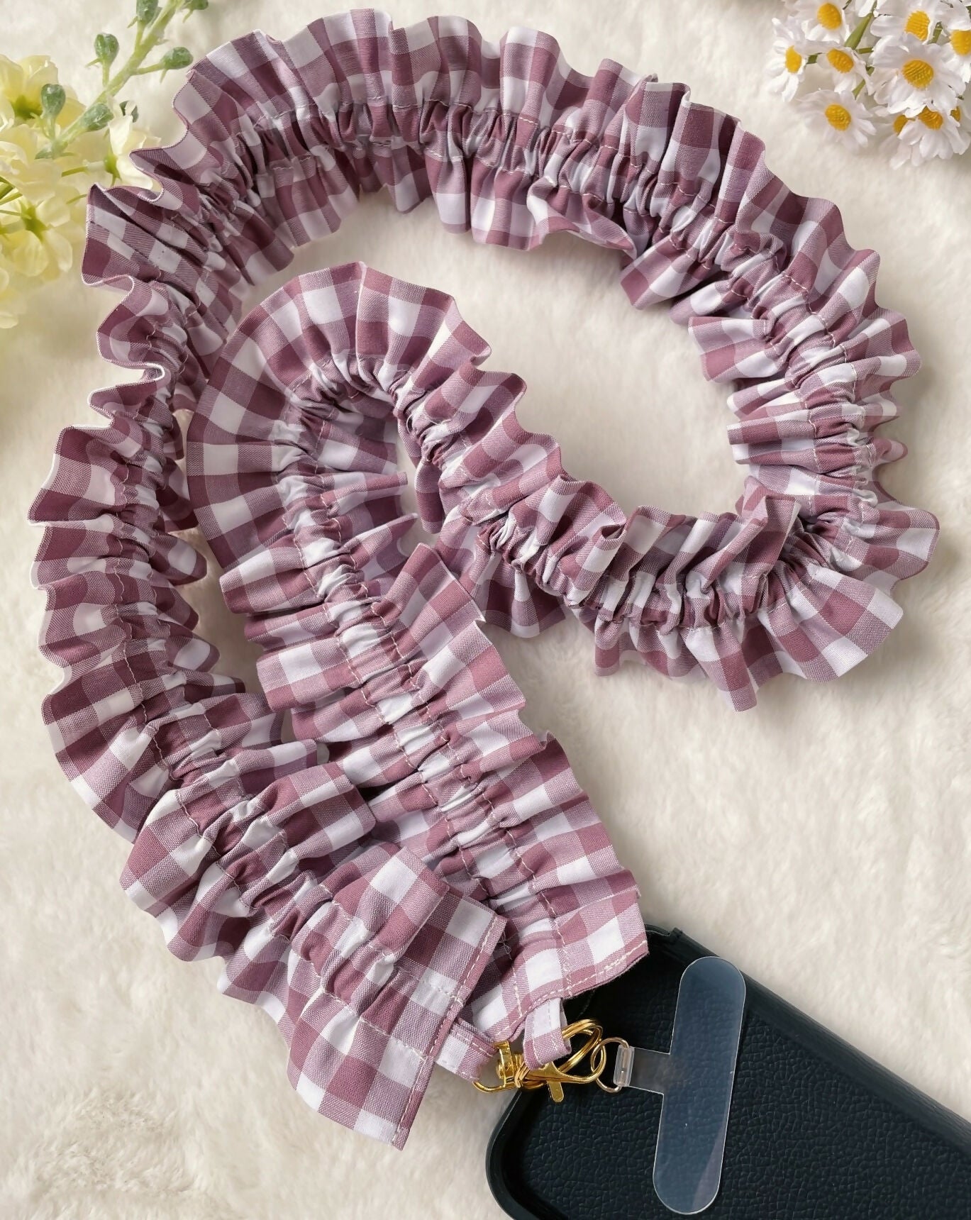 Handmade Ruffled Crossbody Phone Strap Mauve Gingham