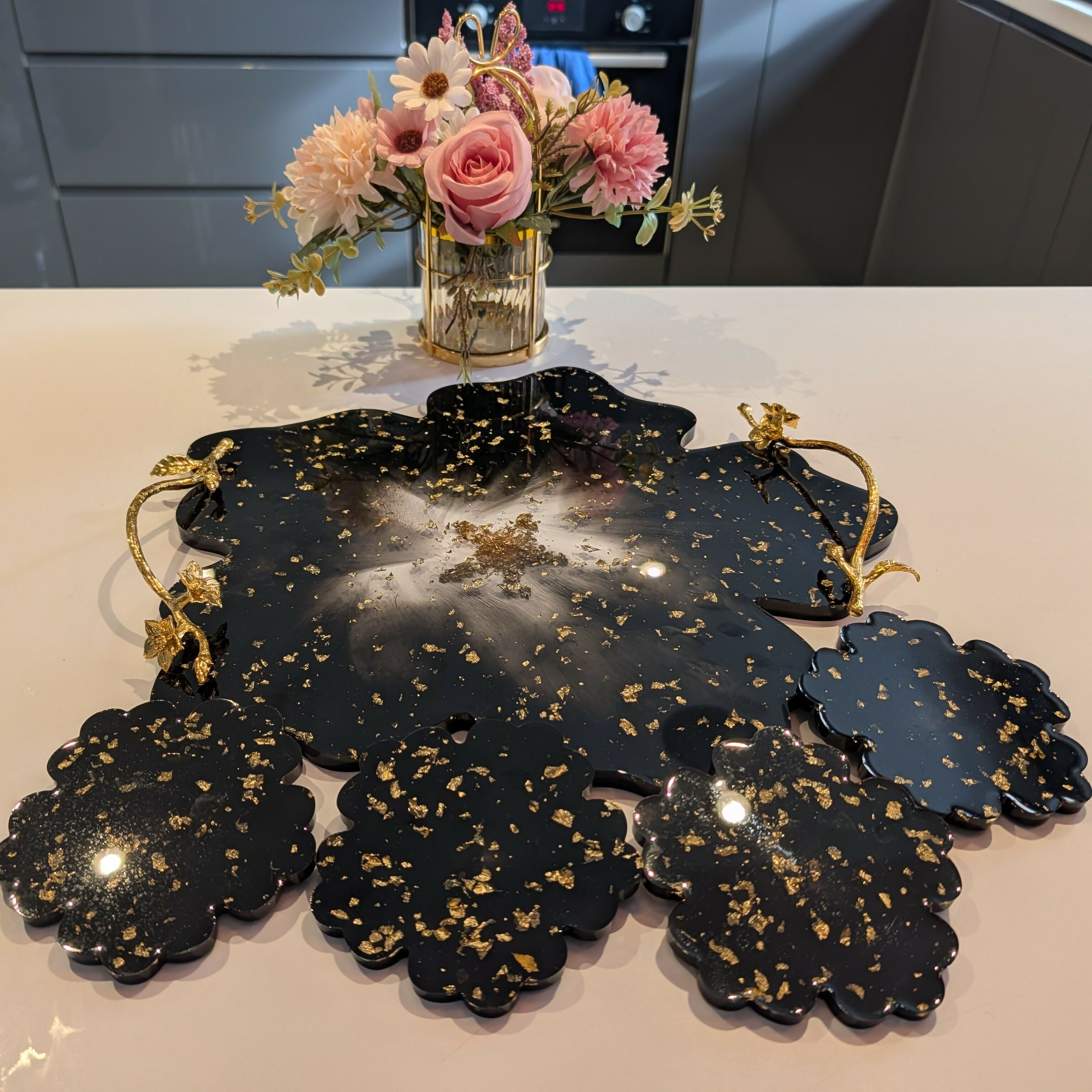 ELEGANT RED FLORAL RESIN TRAY SET WITH COASTERS